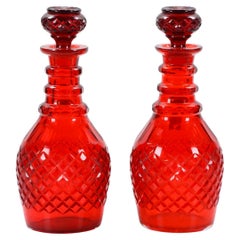 Antique Fabulous Pair of Bohemian Cut Glass Ruby Decanters