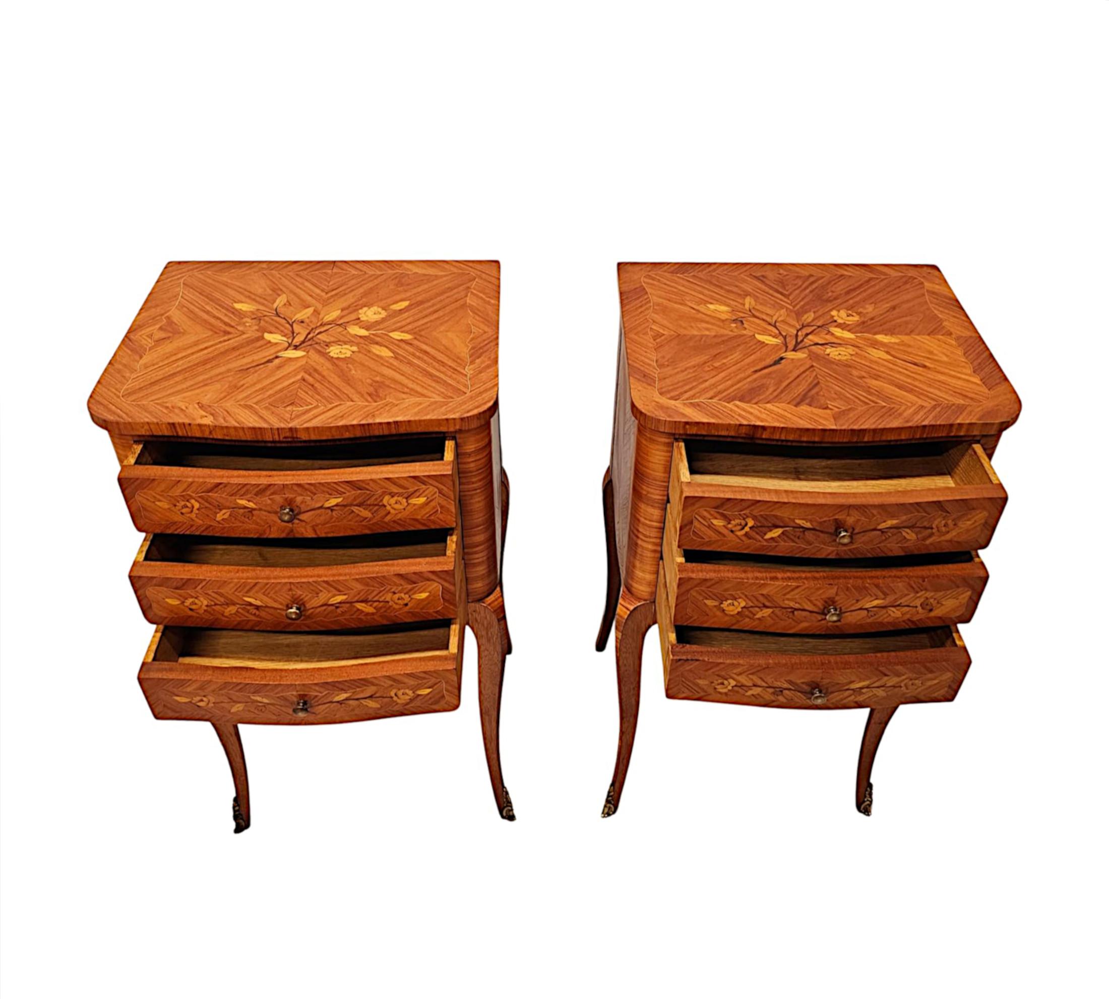 French A Fabulous Pair of Early 20th Century Marquetry Inlaid Bedside Tables or Chests For Sale