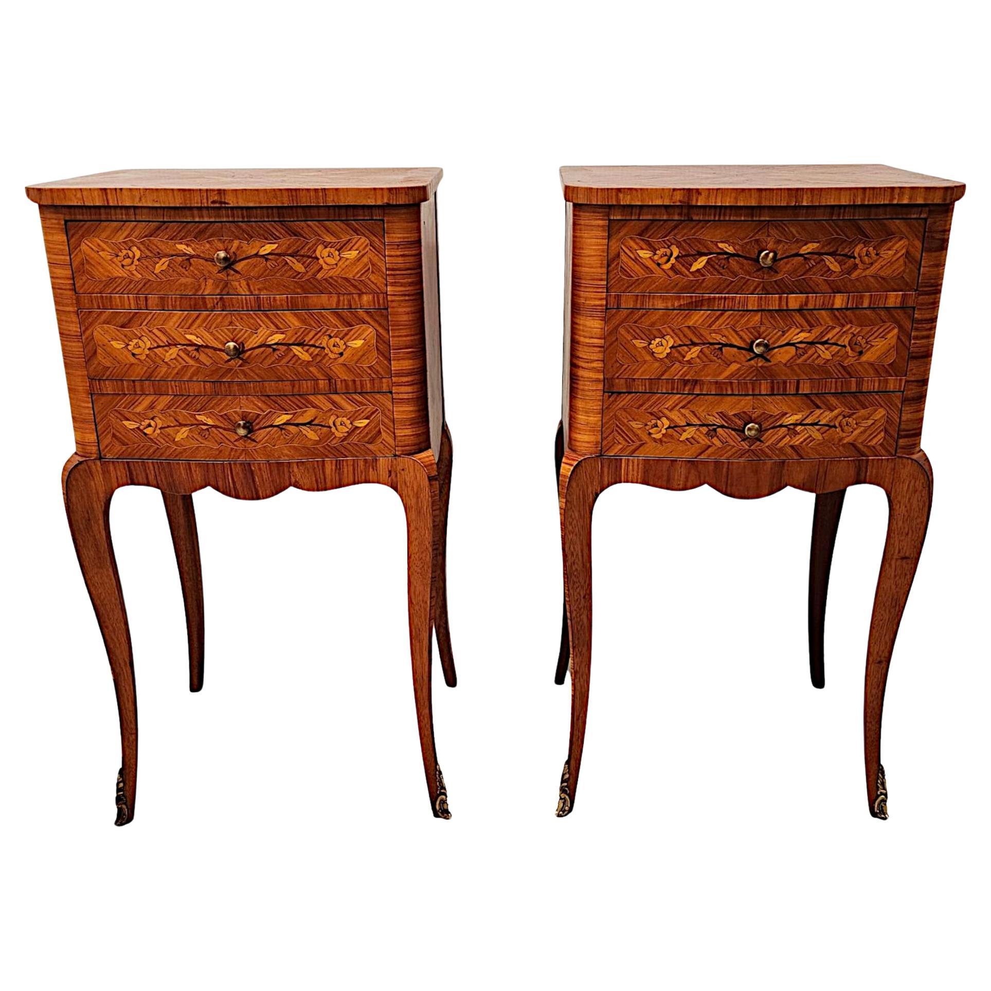A Fabulous Pair of Early 20th Century Marquetry Inlaid Bedside Tables or Chests