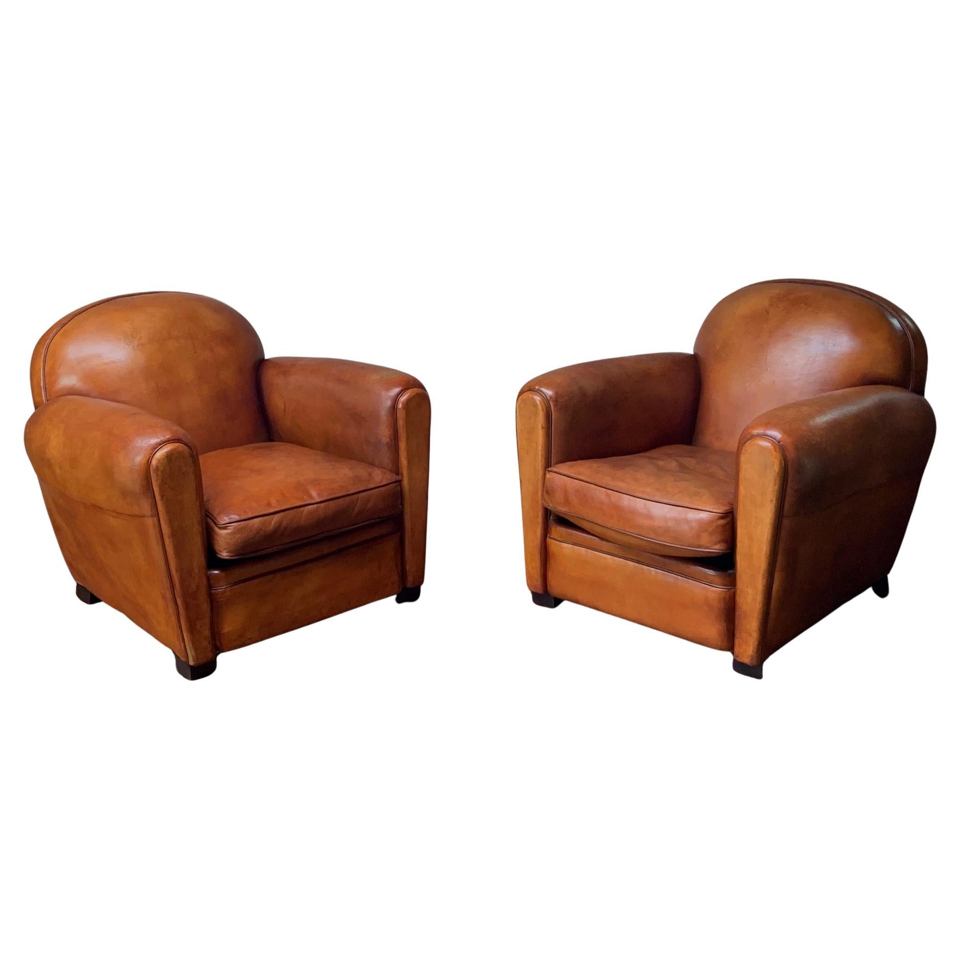 Fabuleuse paire de fauteuils club en cuir français Model NoCA Circa 1950