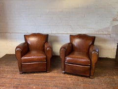 A Fabulous Pair of French Leather Club Chairs, Havana Moustache Models, C1940's