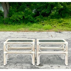 Vintage Coastal Cerused Pencil Reed Side Tables - a Pair