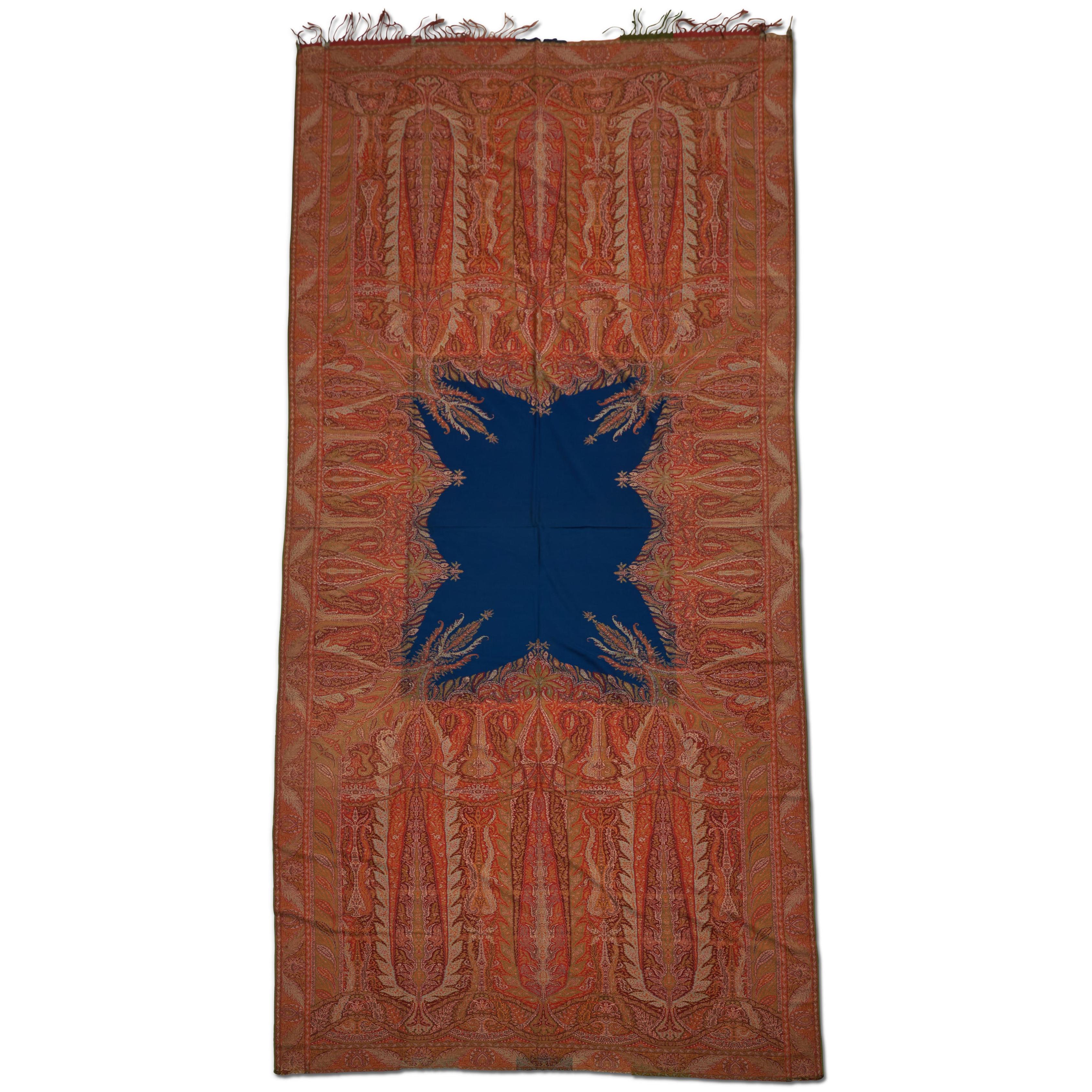 19th Century A Fabulous rare French Long Cashmere Shawl with blue center, Unusual Design For Sale