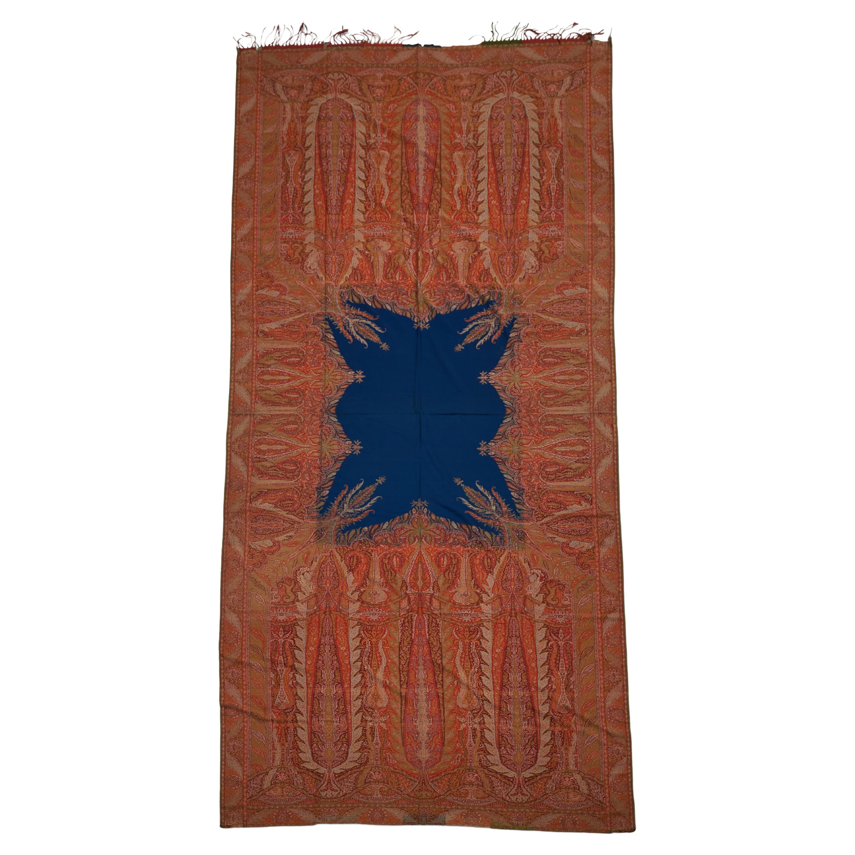 A Fabulous rare French Long Cashmere Shawl with blue center, Unusual Design For Sale