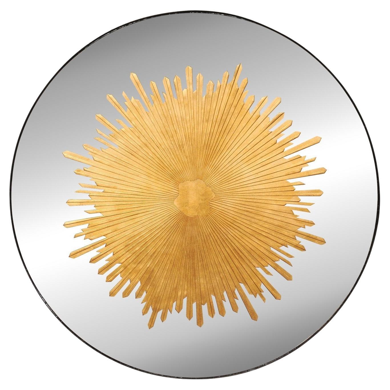 A Fabulous Round-Shaped Verre Églomisé Gold Sunburst Mirror, 4 Ft Diameter For Sale