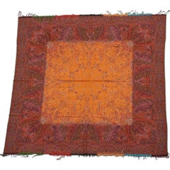 A Fabulous Saffron color 19th C French Hand-Woven Square Cashmere Shawl