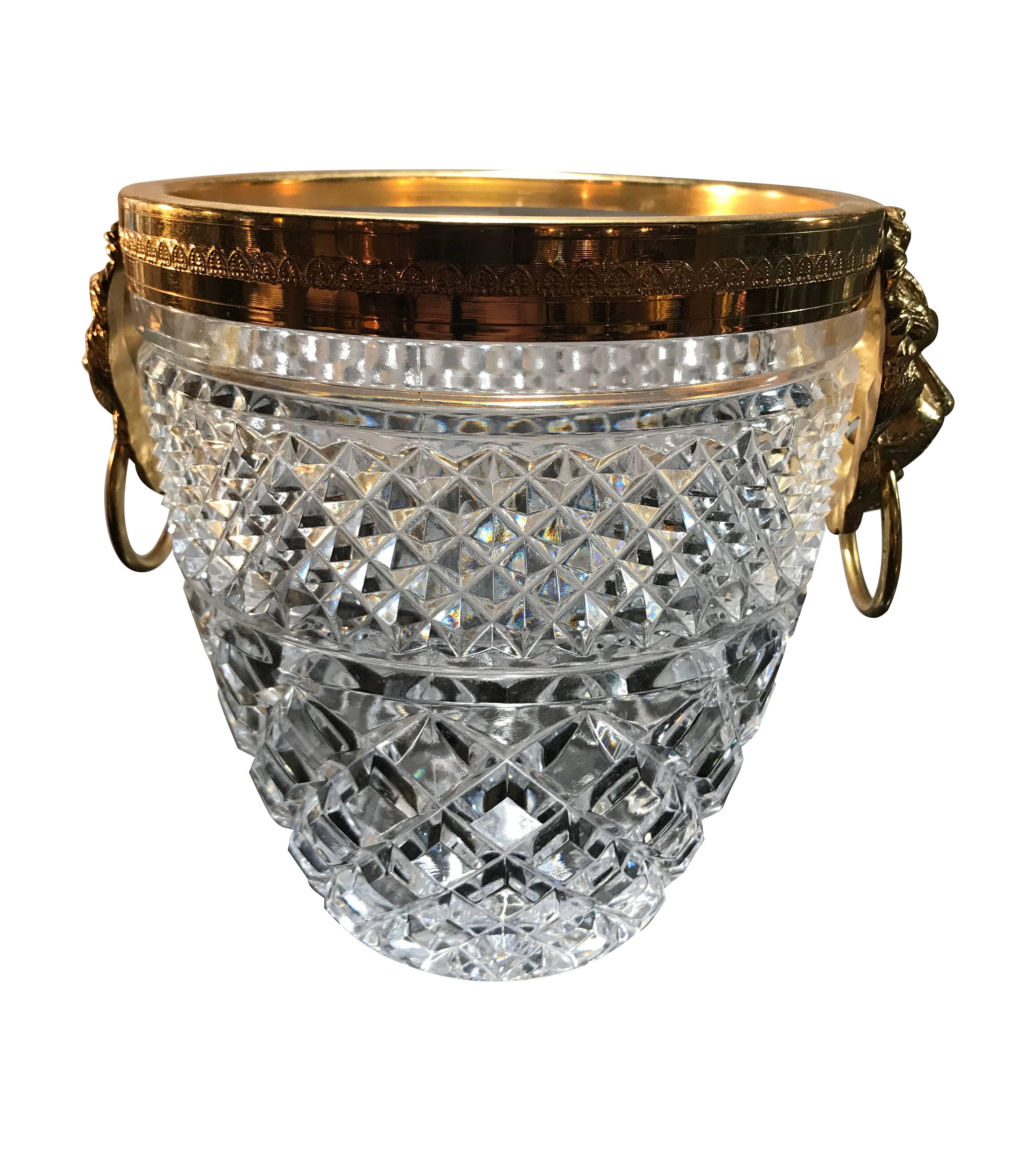 Mid-Century Modern Faceted Glass Ice Bucket with Gilt Metal Lion Head Handles