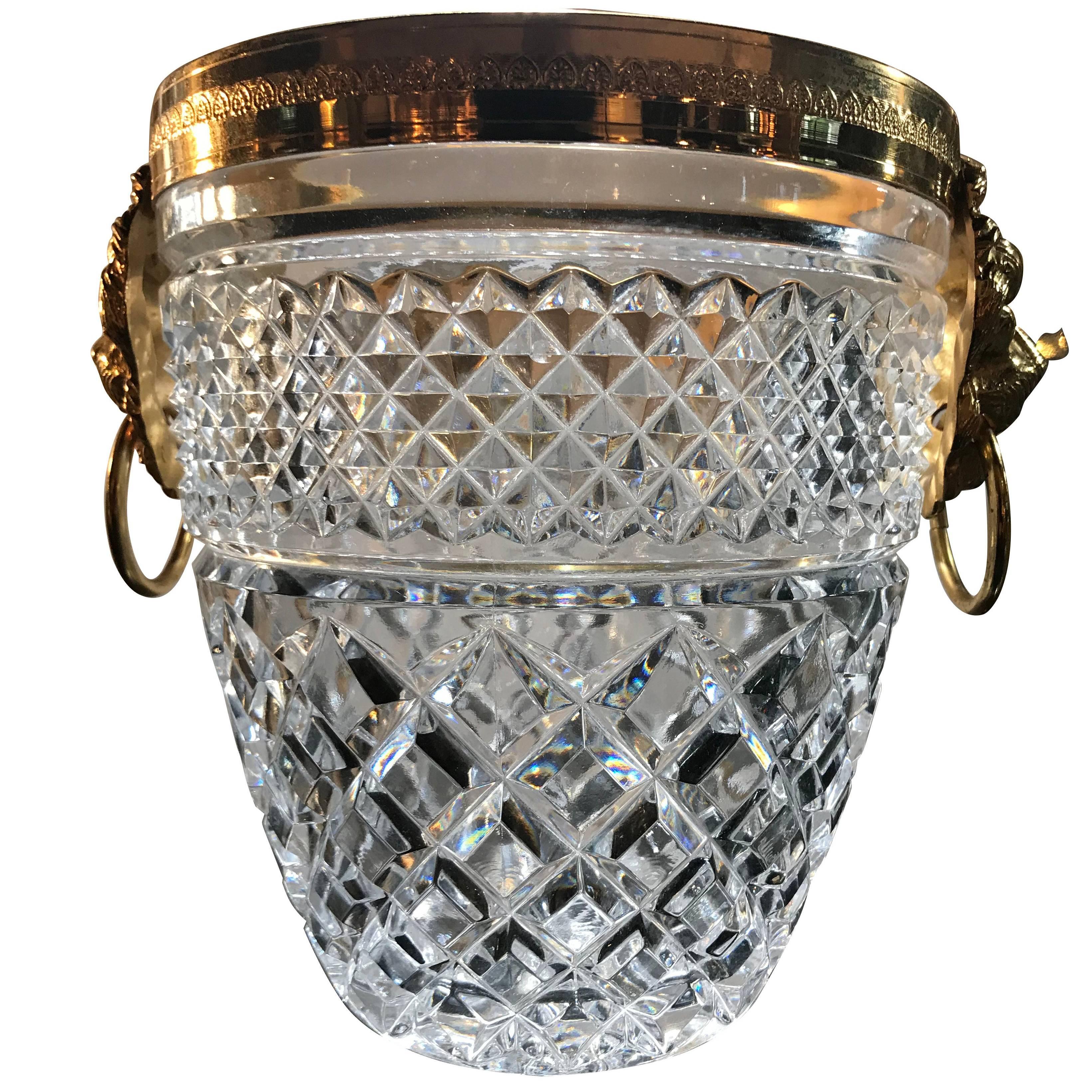 Faceted Glass Ice Bucket with Gilt Metal Lion Head Handles