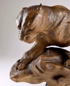 Early 1900 Art Deco Terracotta Sculpture " a panther on a rock " 19Th