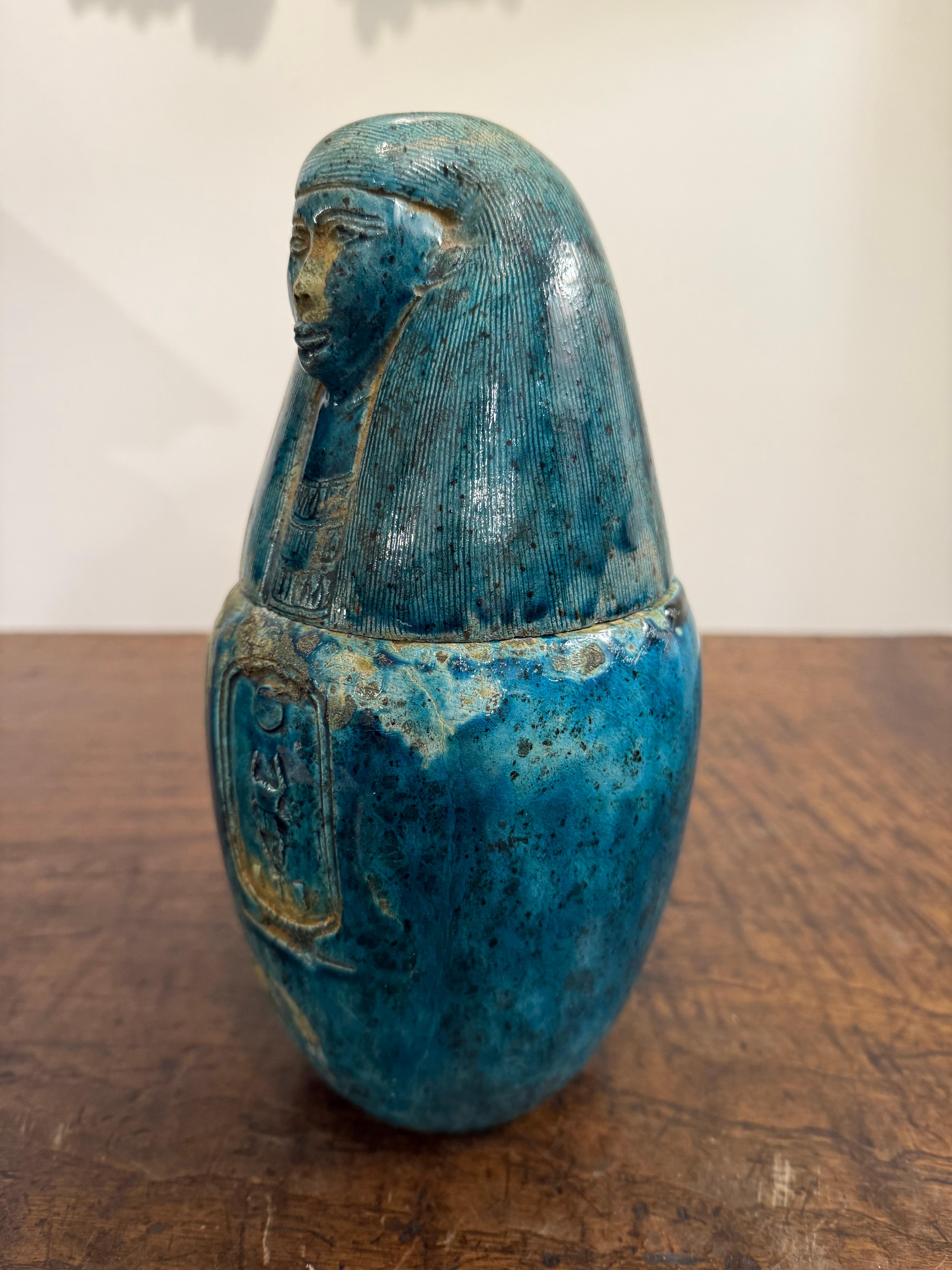 Egyptian A Faience Glazed Ceramic Canopic Jar of Imsety, Early 20th Century For Sale