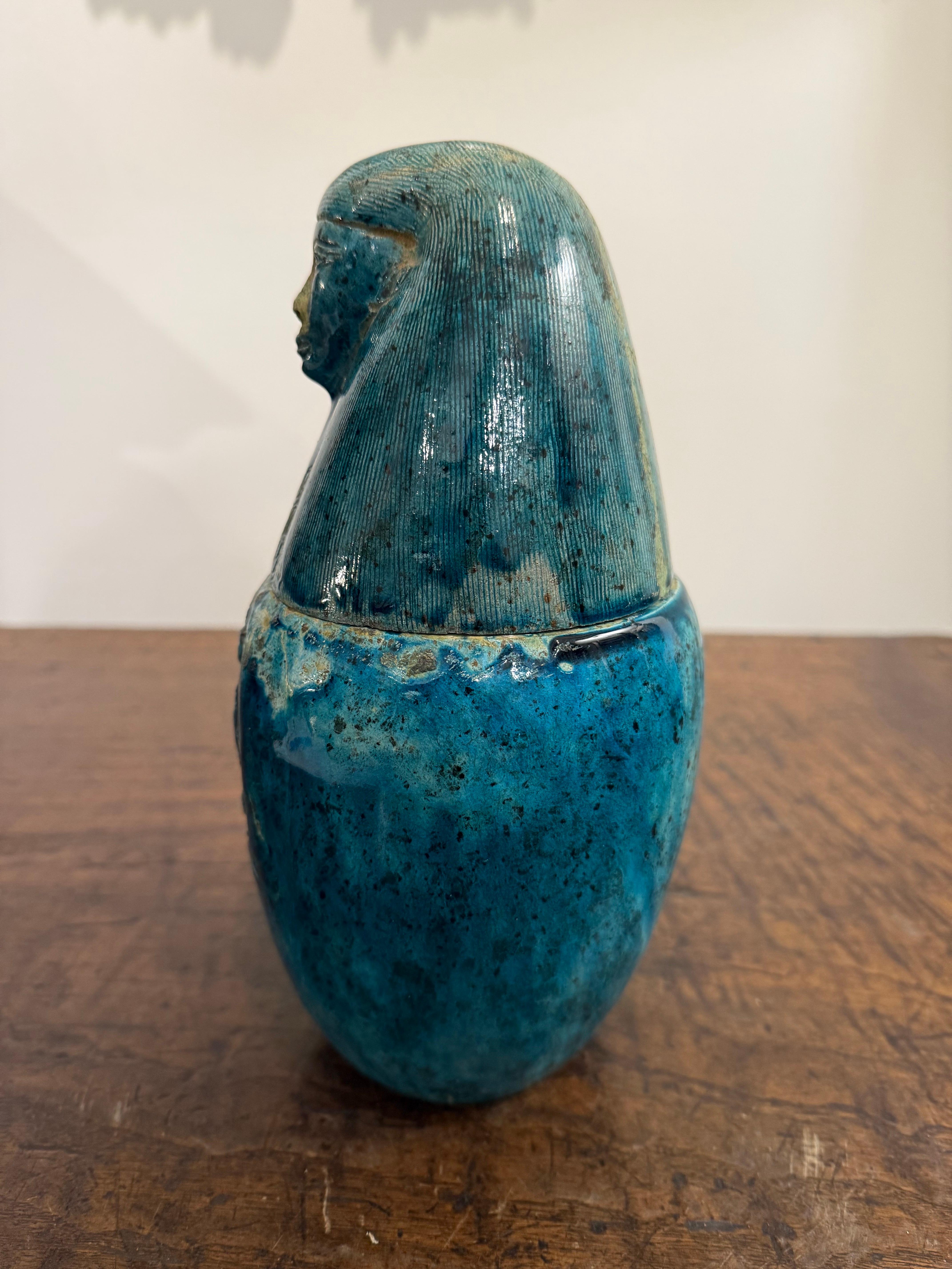 Hand-Crafted A Faience Glazed Ceramic Canopic Jar of Imsety, Early 20th Century For Sale