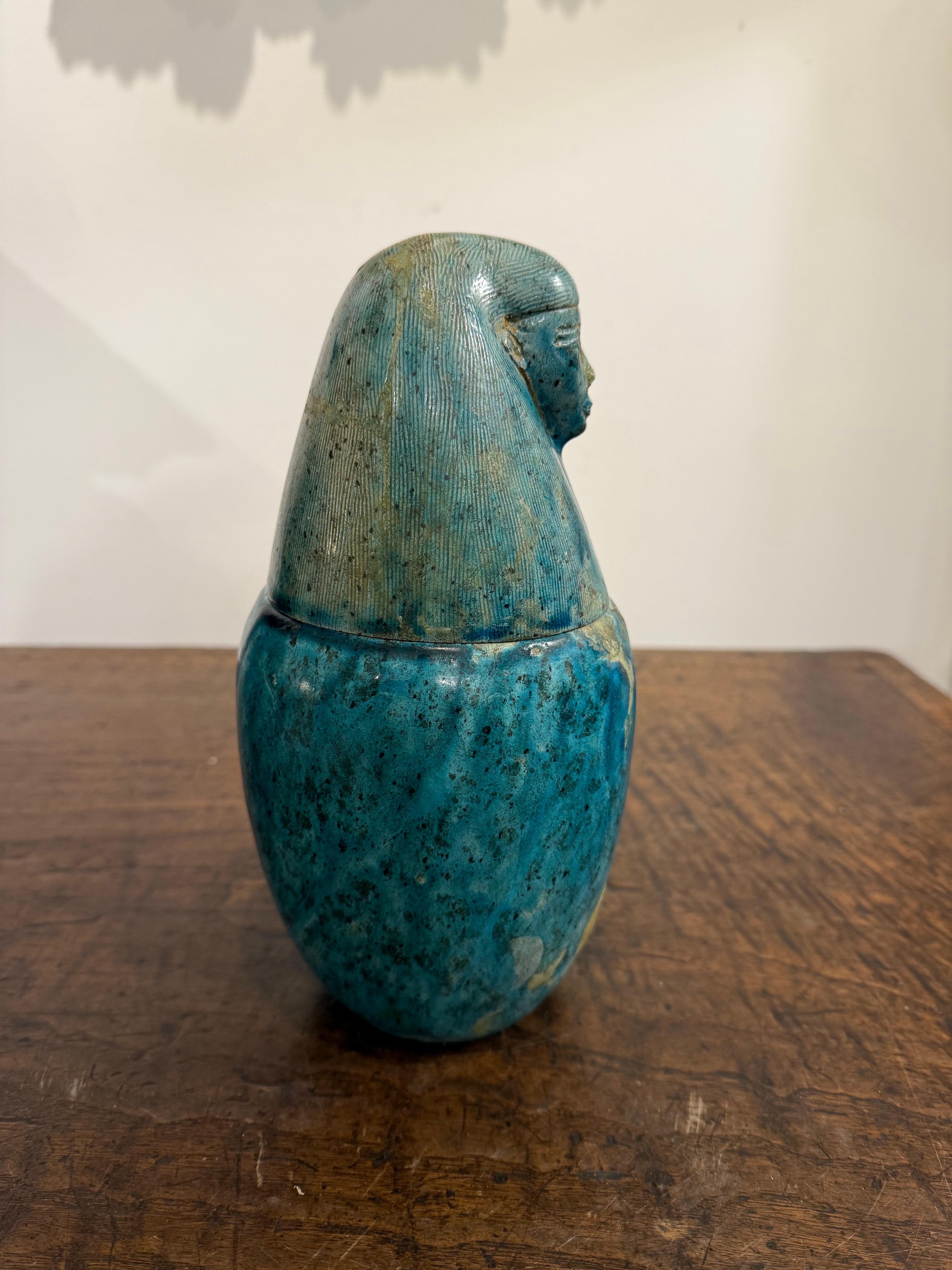 A Faience Glazed Ceramic Canopic Jar of Imsety, Early 20th Century For Sale 3