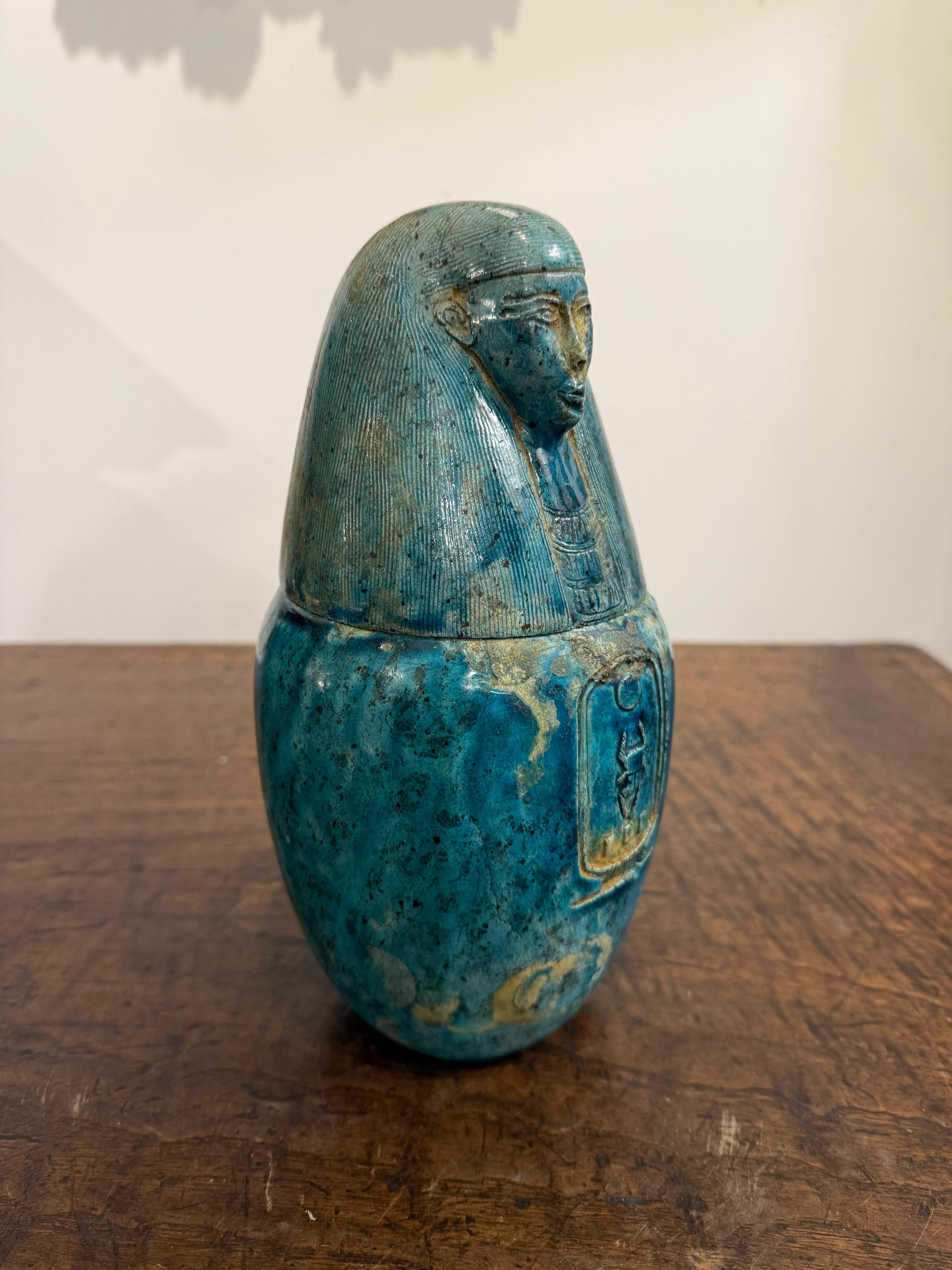 A Faience Glazed Ceramic Canopic Jar of Imsety, Early 20th Century For Sale 4