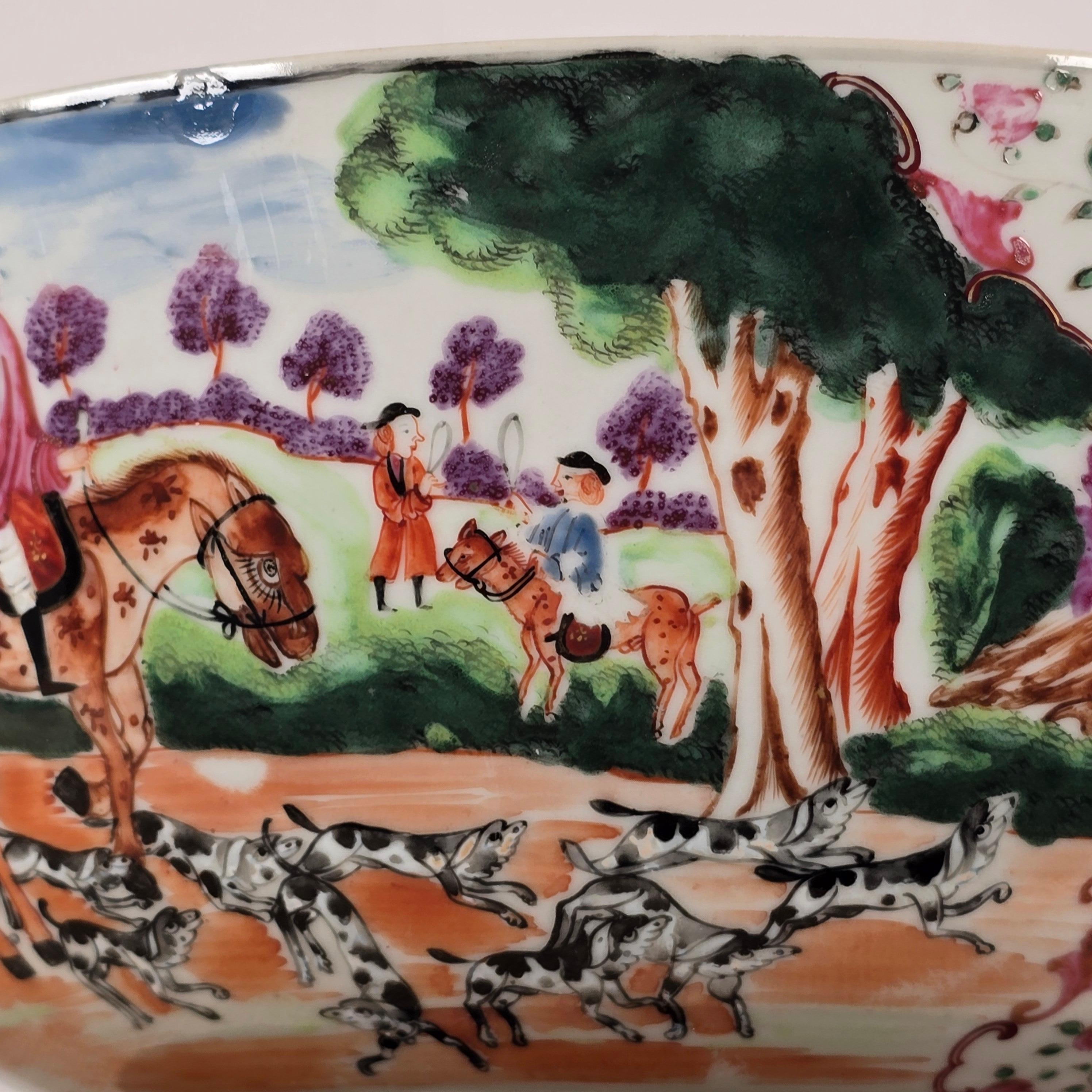 A Famille Rose 'hunt scene' Punch Bowl Qianlong Period For Sale 2