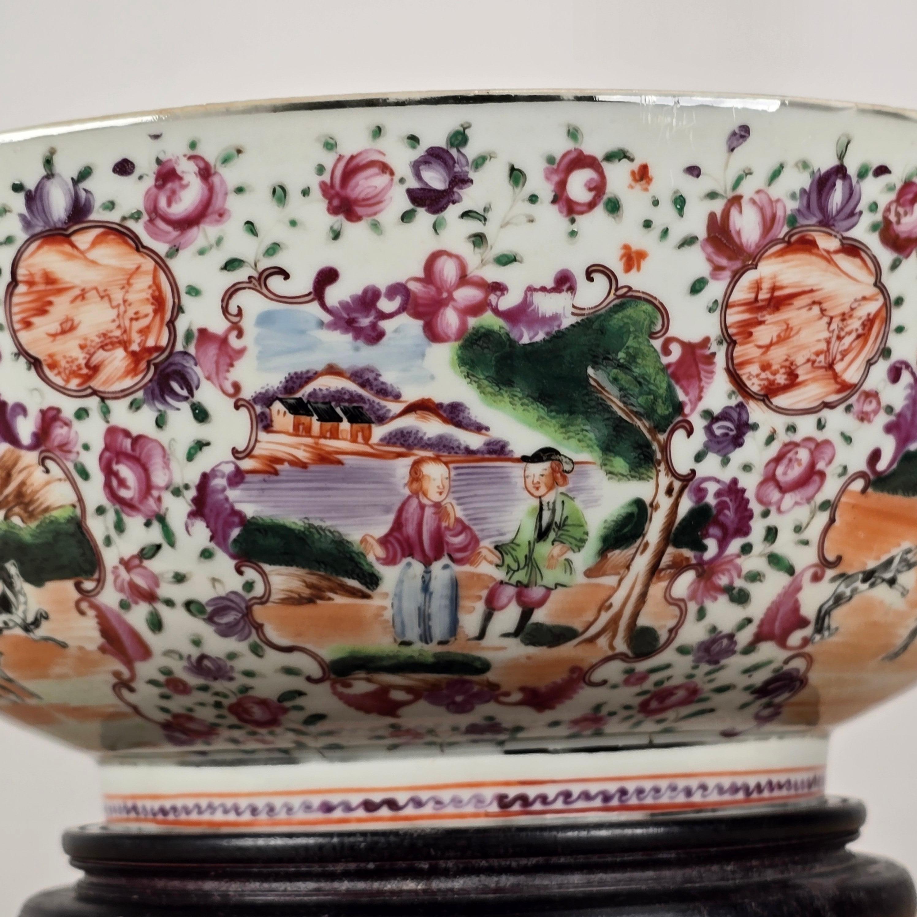 A Famille Rose 'hunt scene' Punch Bowl Qianlong Period For Sale 4