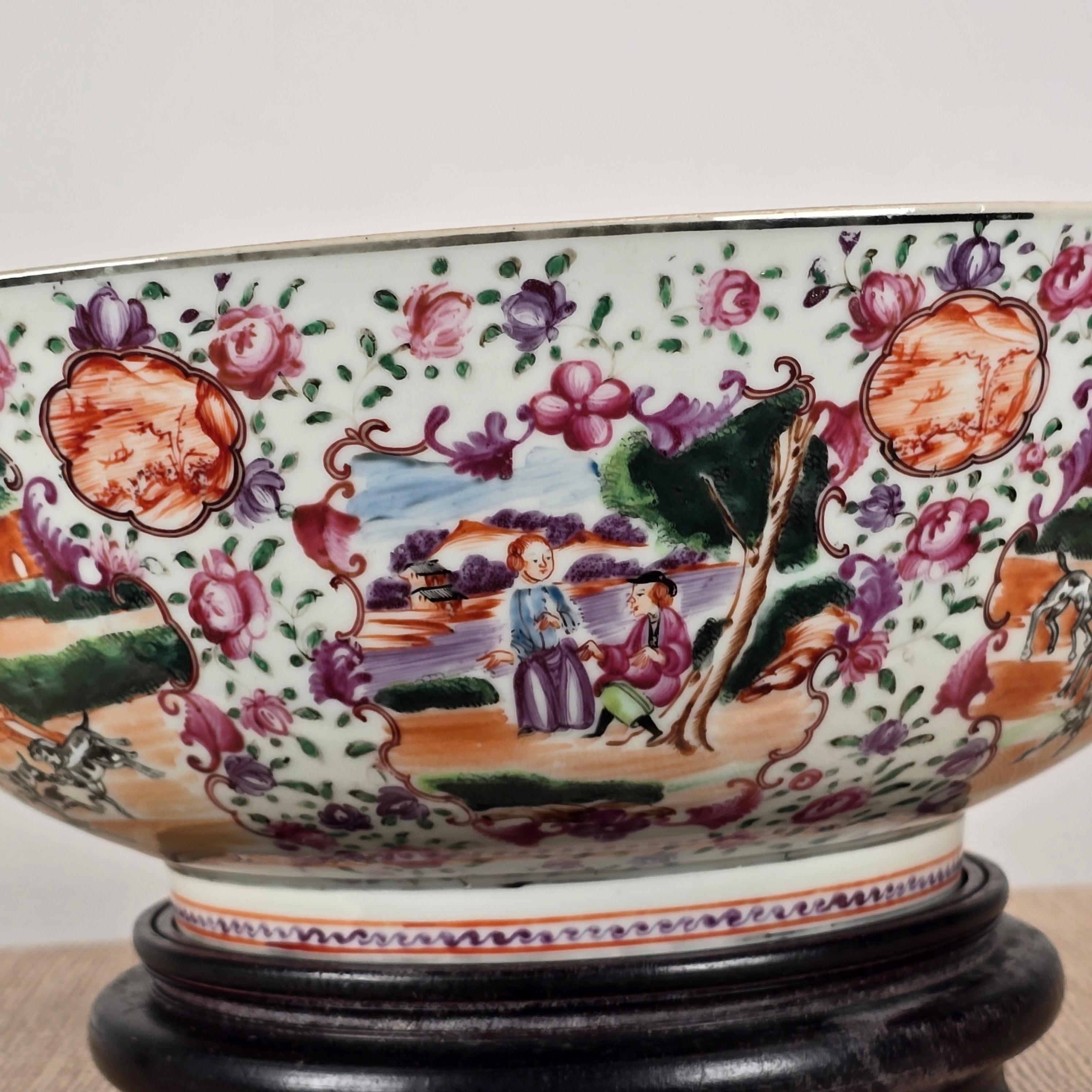 A Famille Rose 'hunt scene' Punch Bowl Qianlong Period For Sale 6