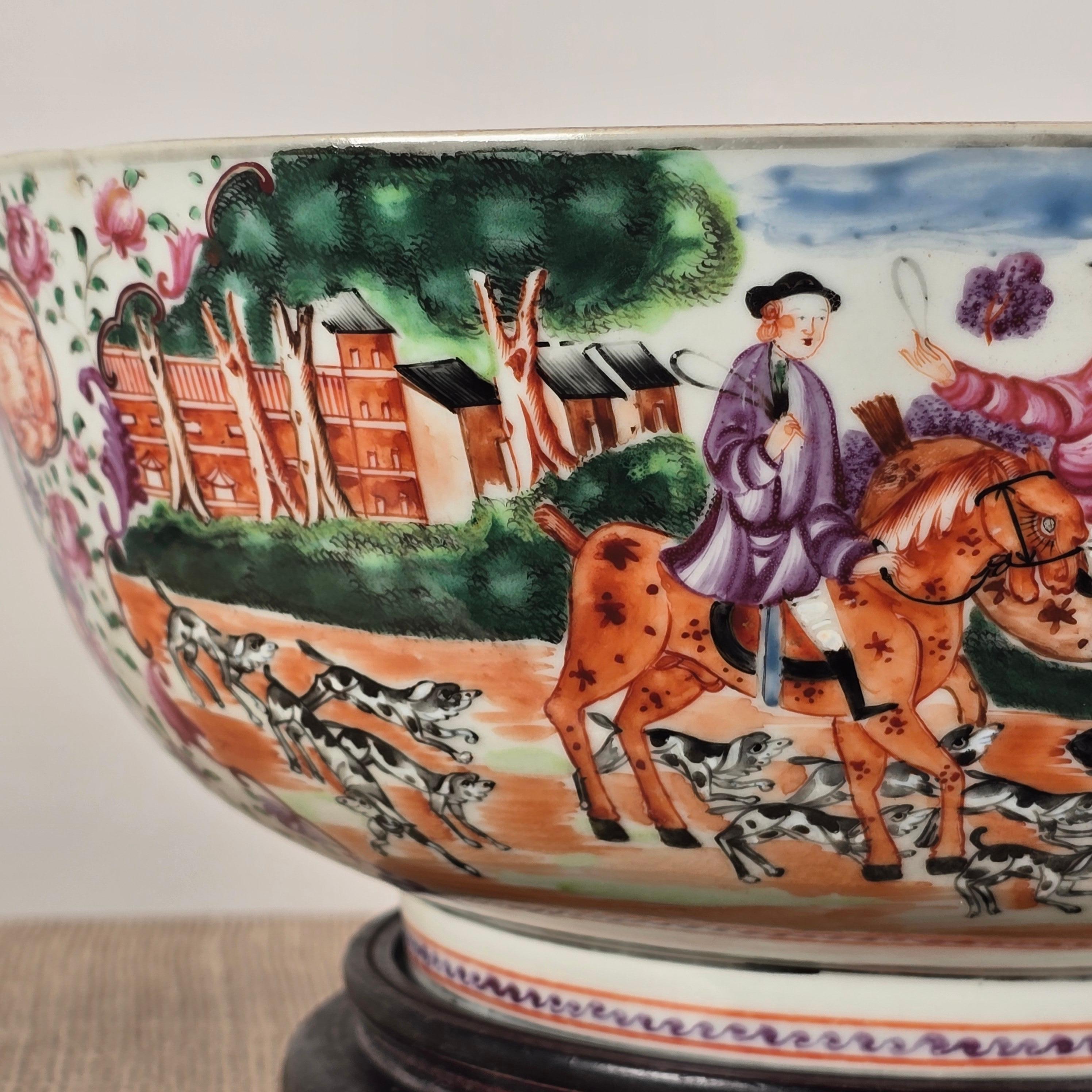 Chinese A Famille Rose 'hunt scene' Punch Bowl Qianlong Period For Sale