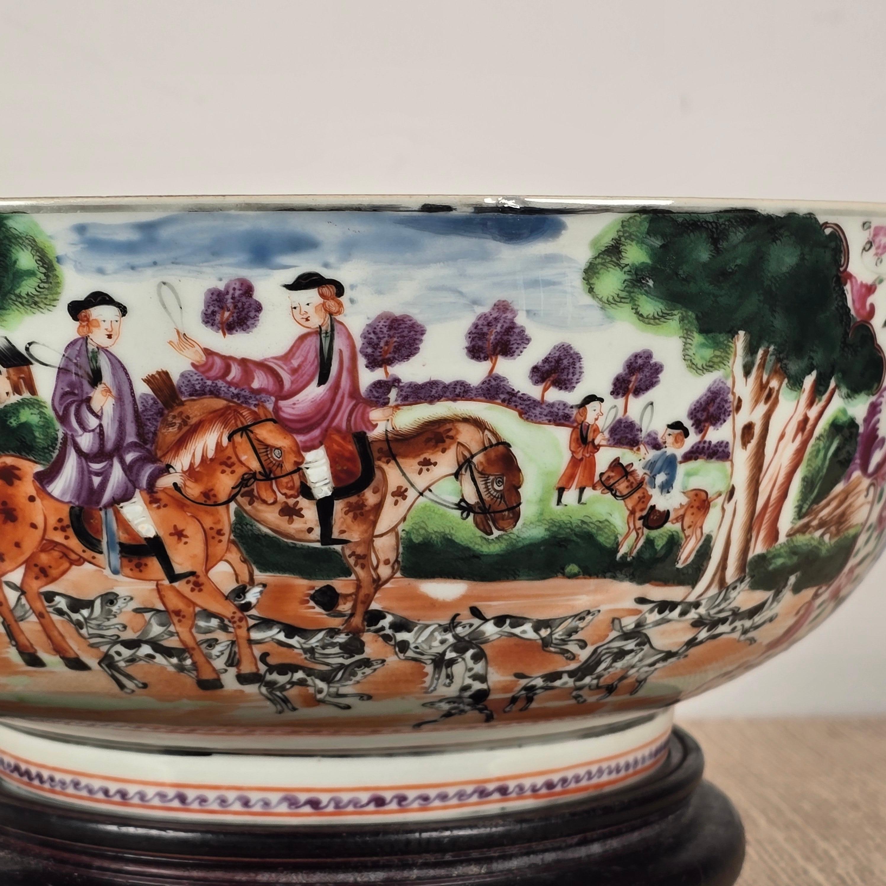 Enameled A Famille Rose 'hunt scene' Punch Bowl Qianlong Period For Sale