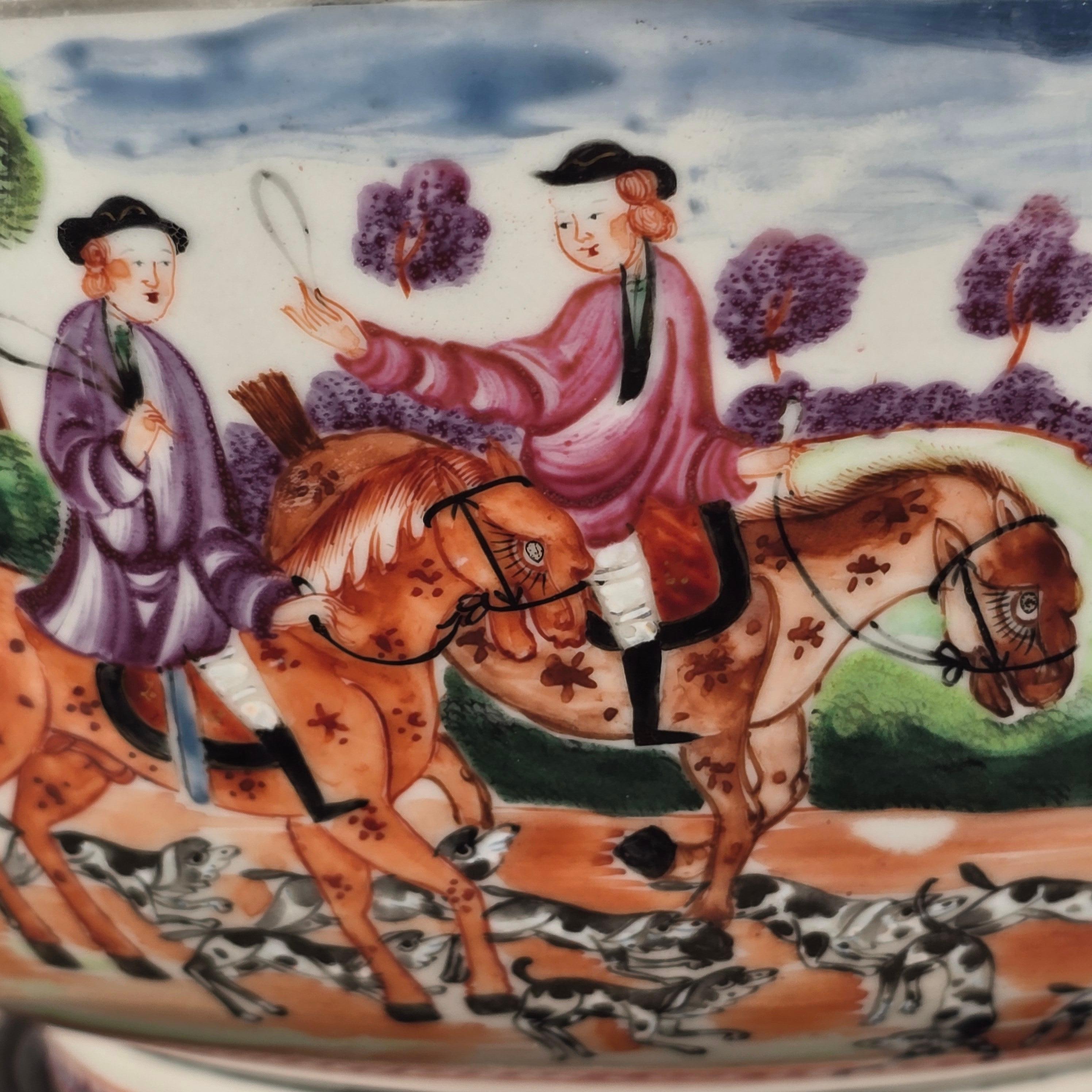 Porcelain A Famille Rose 'hunt scene' Punch Bowl Qianlong Period For Sale