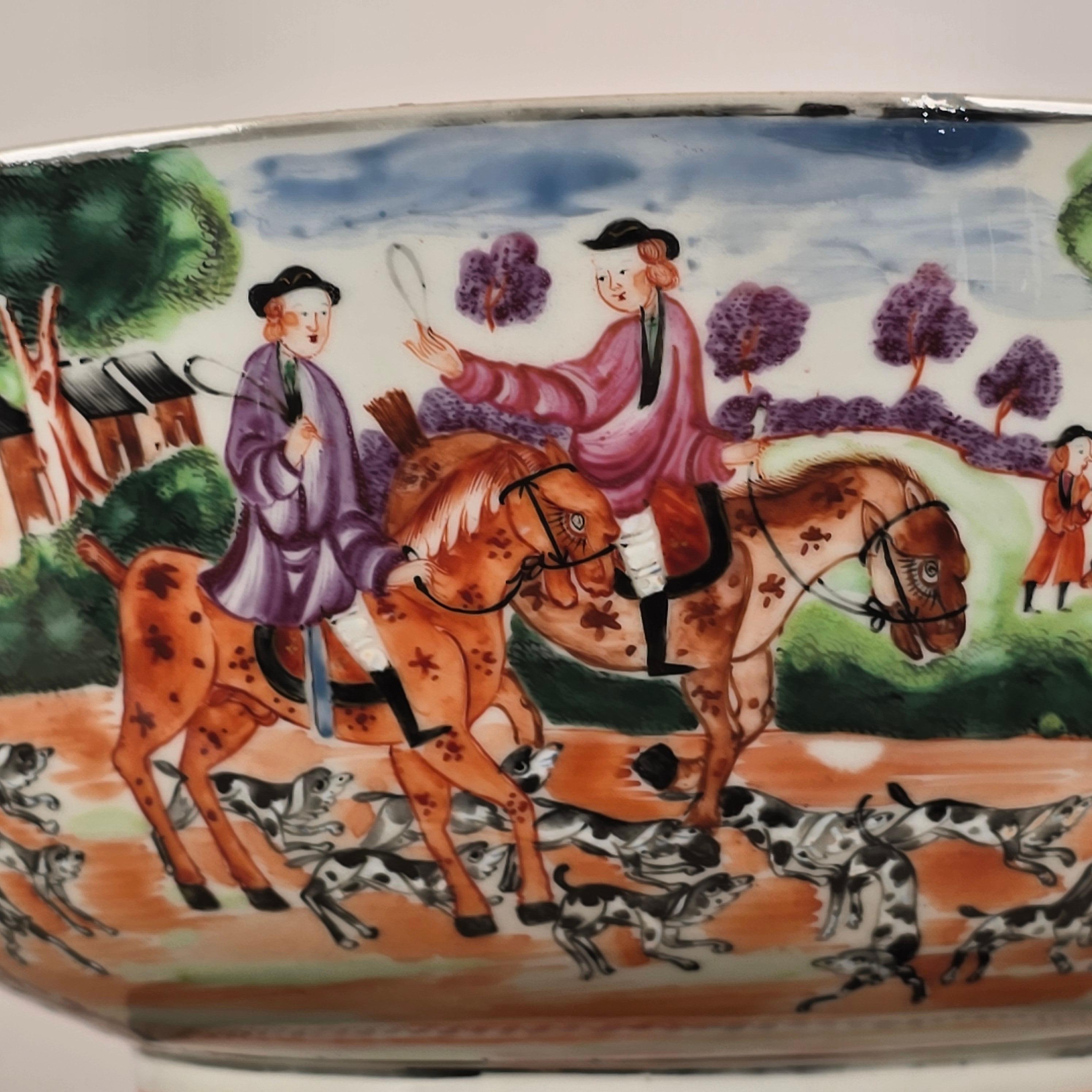 A Famille Rose 'hunt scene' Punch Bowl Qianlong Period For Sale 1