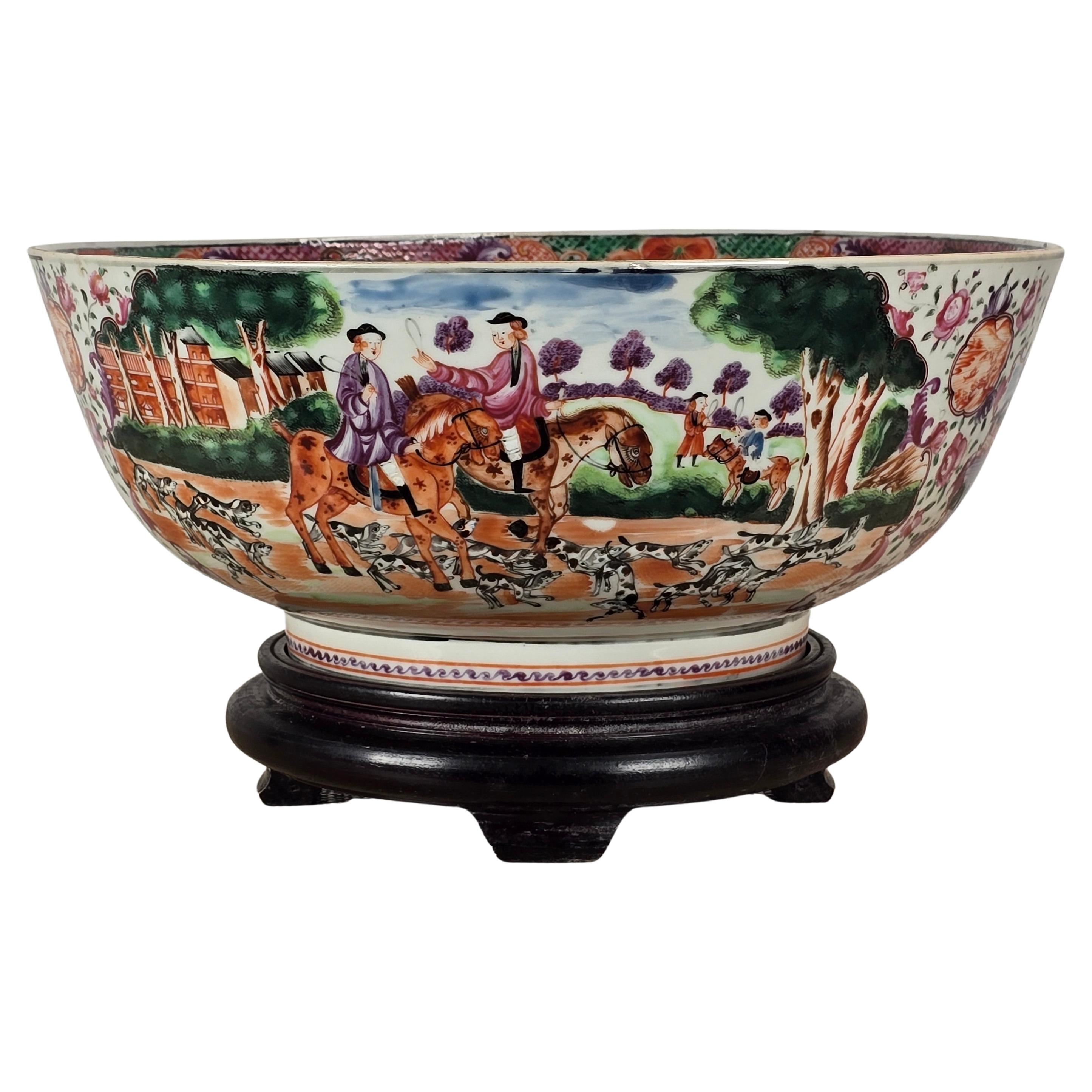 A Famille Rose 'hunt scene' Punch Bowl Qianlong Period For Sale