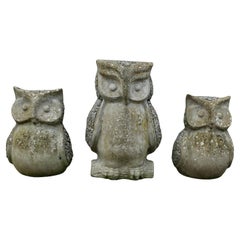 A Family of 3 Weathered Granite Owls  A lovely trio