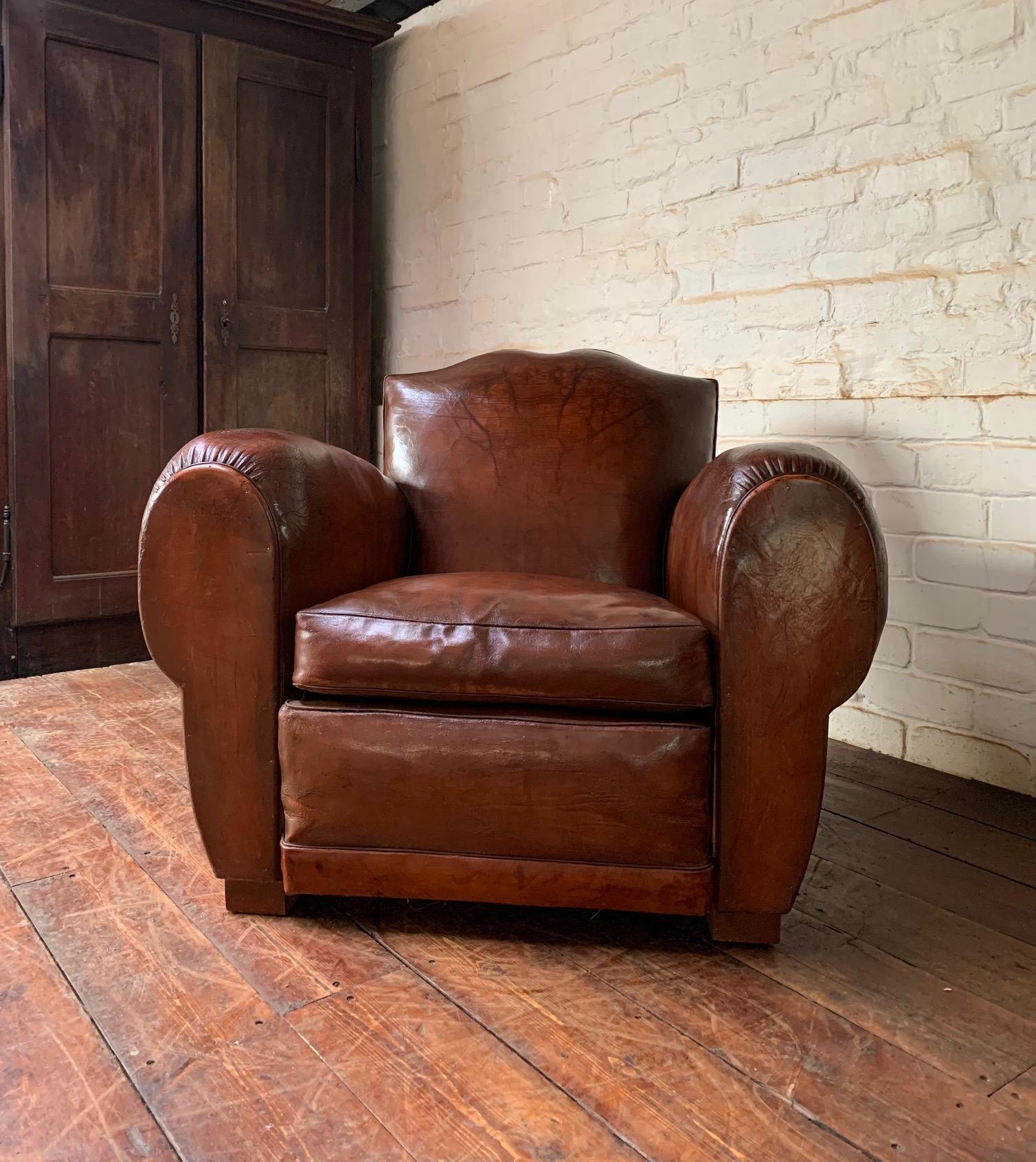 A Fantastic French Leather club Chair, Havana Moustache Model, Circa 1930’s 6