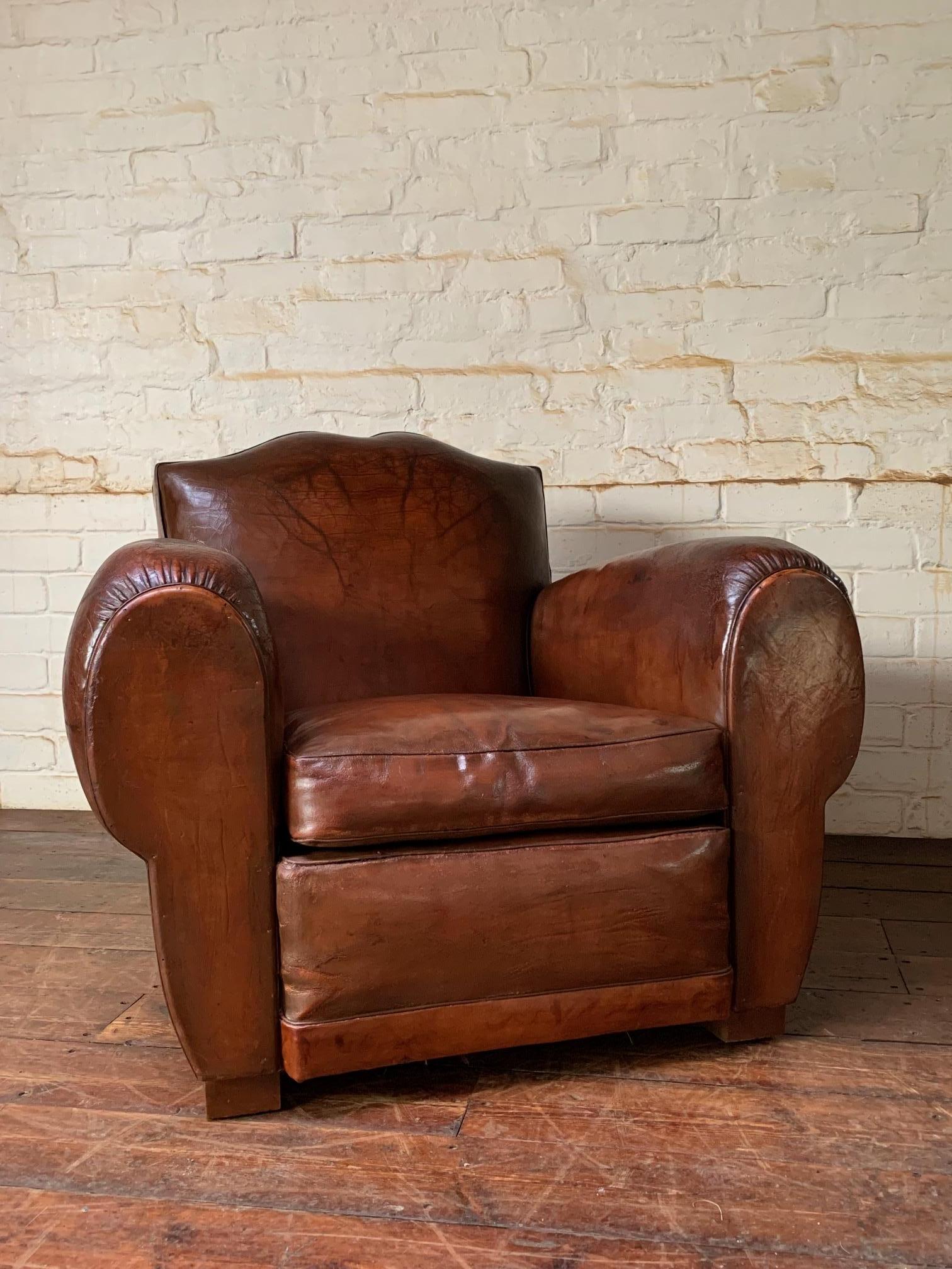 Art Deco A Fantastic French Leather club Chair, Havana Moustache Model, Circa 1930’s