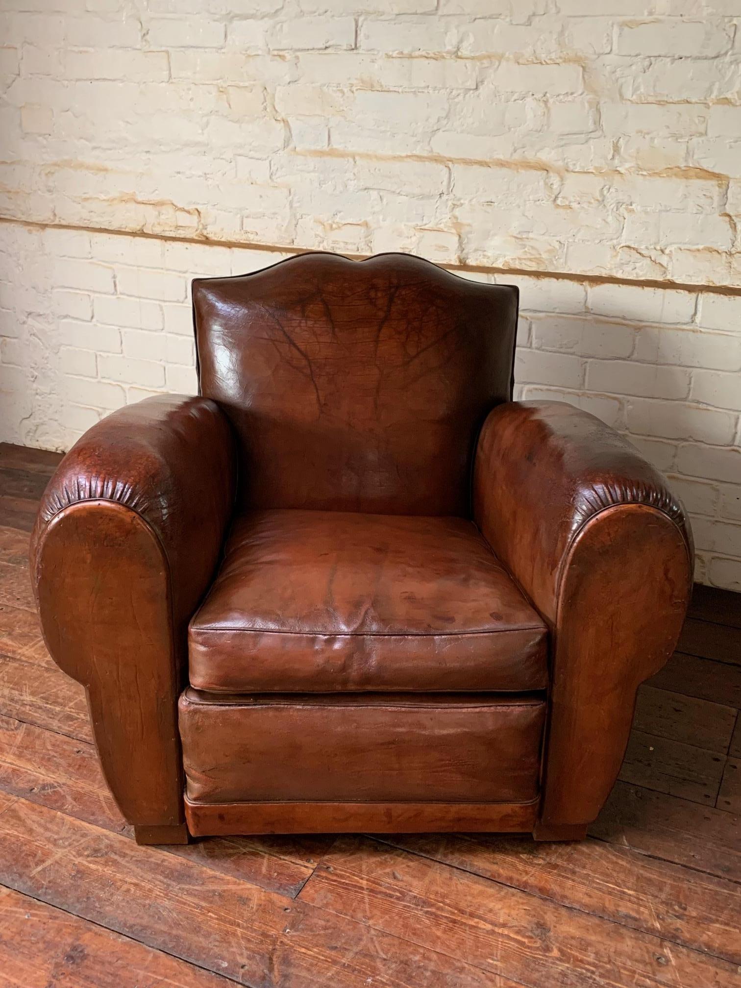 A Fantastic French Leather club Chair, Havana Moustache Model, Circa 1930’s In Good Condition In Hastings, GB