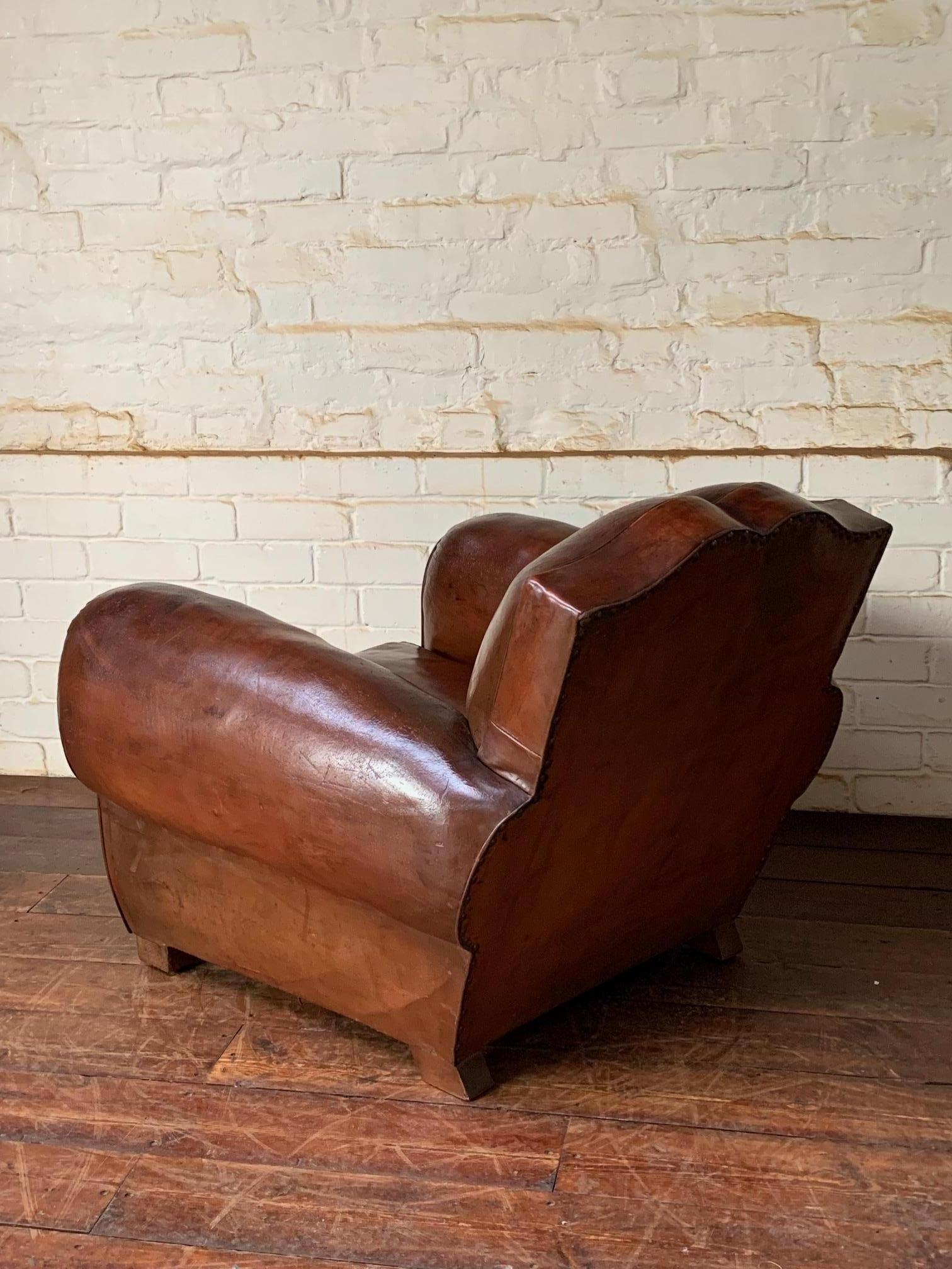 20th Century A Fantastic French Leather club Chair, Havana Moustache Model, Circa 1930’s
