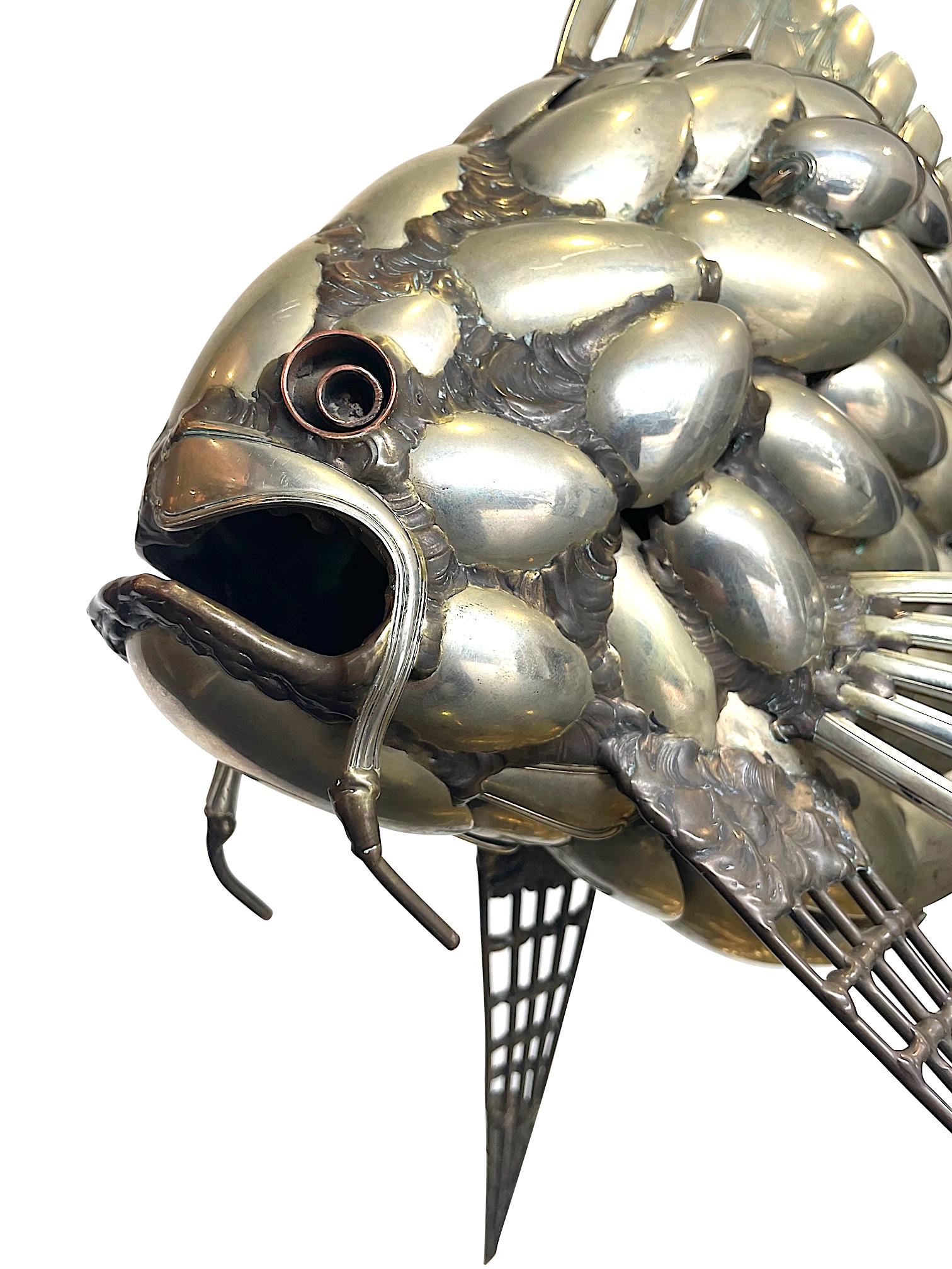 French Fantastic Large 1950s Sculpture of a Fish Made from Silver Plated Spoons