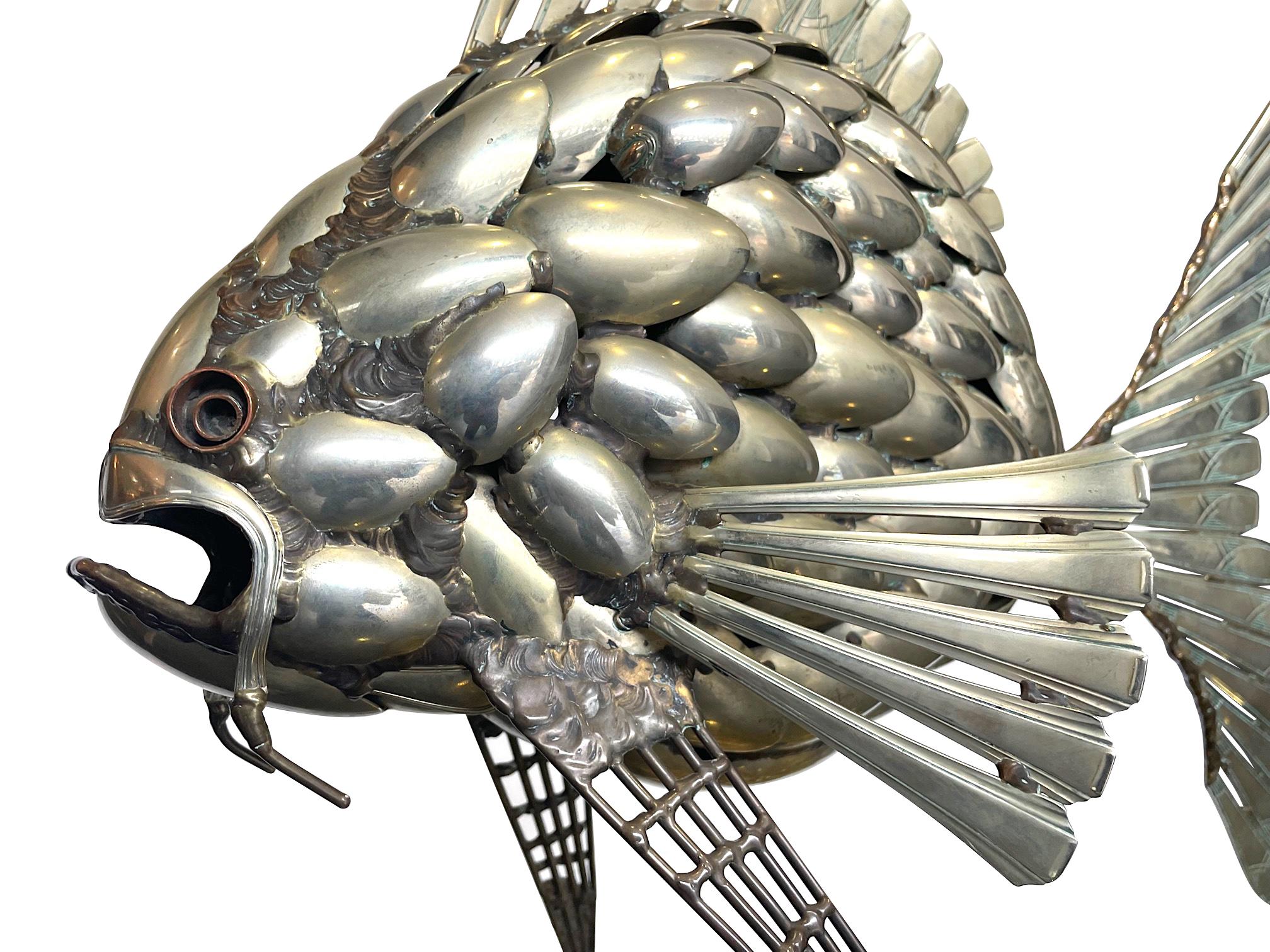 Fantastic Large 1950s Sculpture of a Fish Made from Silver Plated Spoons In Good Condition In London, GB