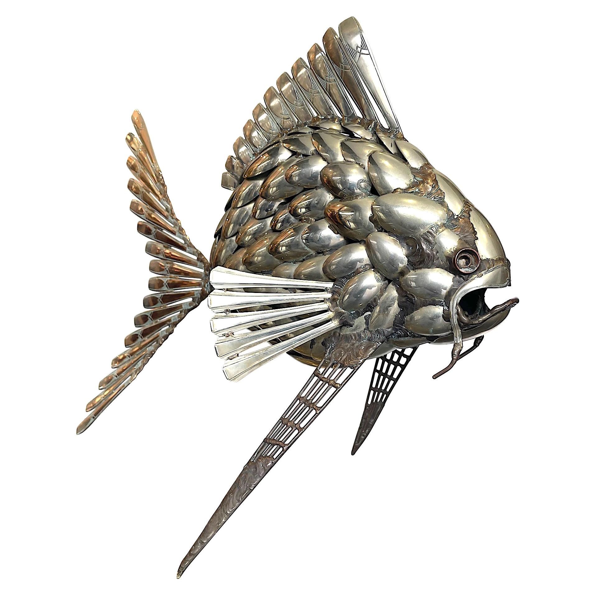 Fantastic Large 1950s Sculpture of a Fish Made from Silver Plated Spoons