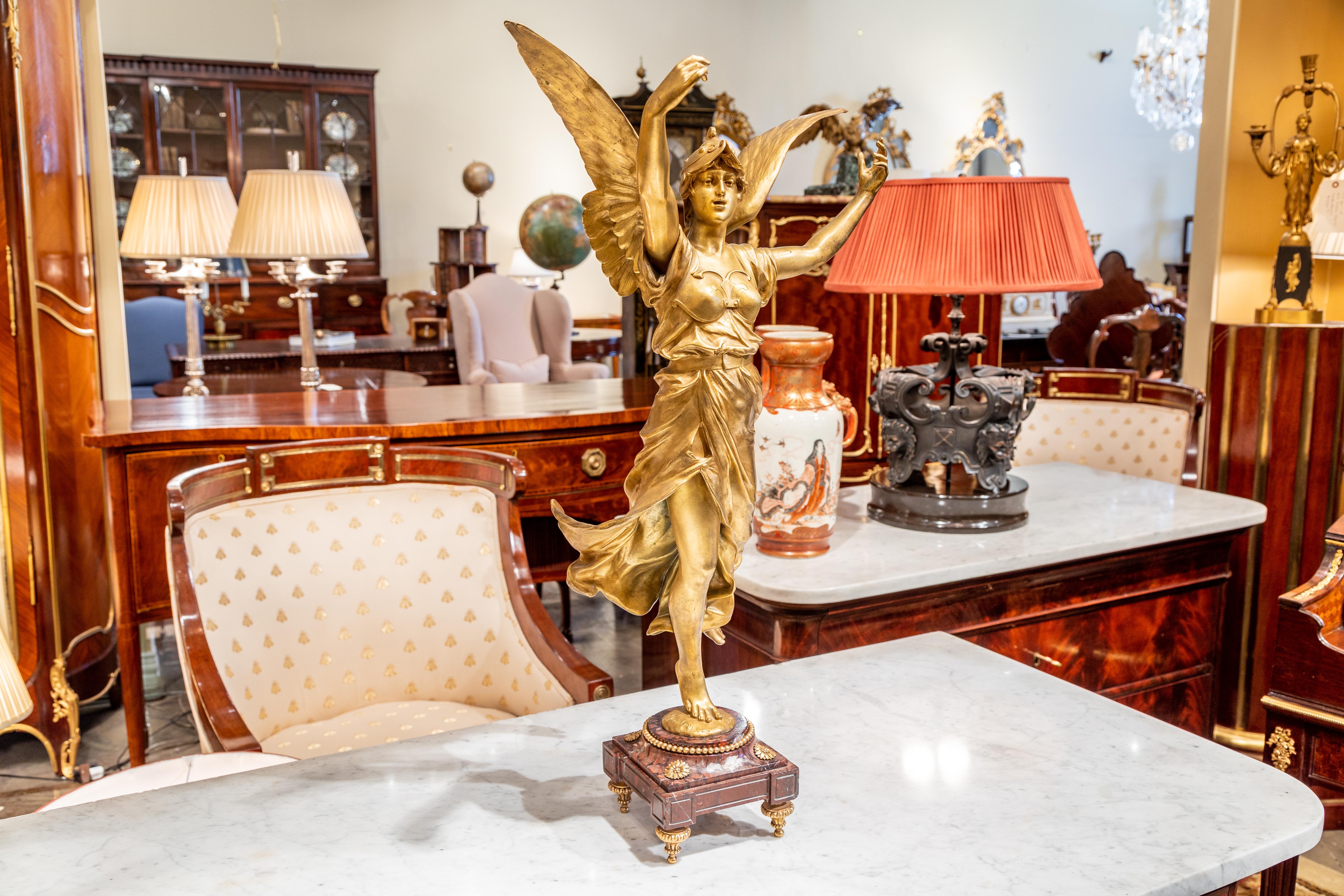 Fantastic Large 19th C Gilt Bronze Winged Mercury on a Marble and Gilt Base In Good Condition In Dallas, TX