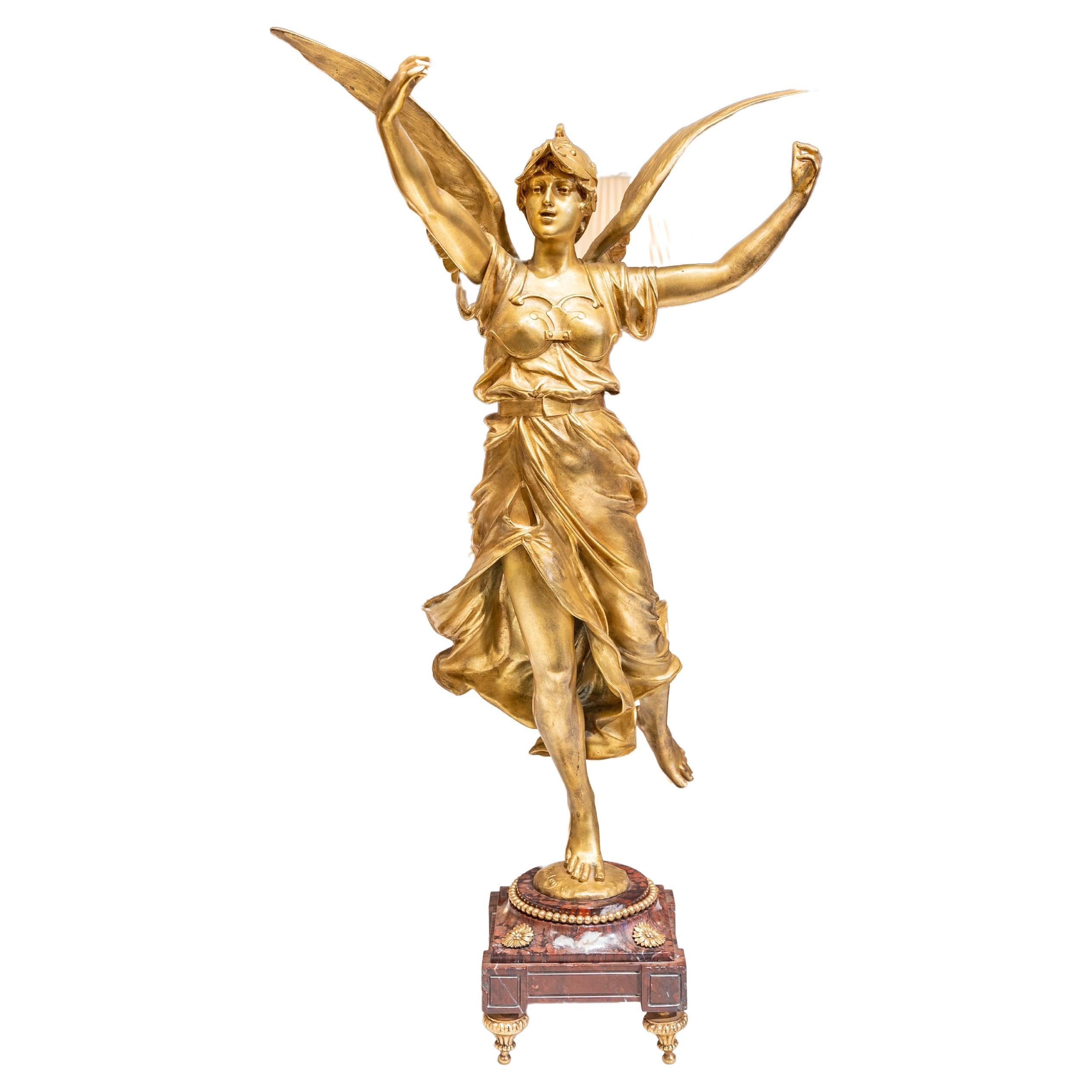 Fantastic Large 19th C Gilt Bronze Winged Mercury on a Marble and Gilt Base