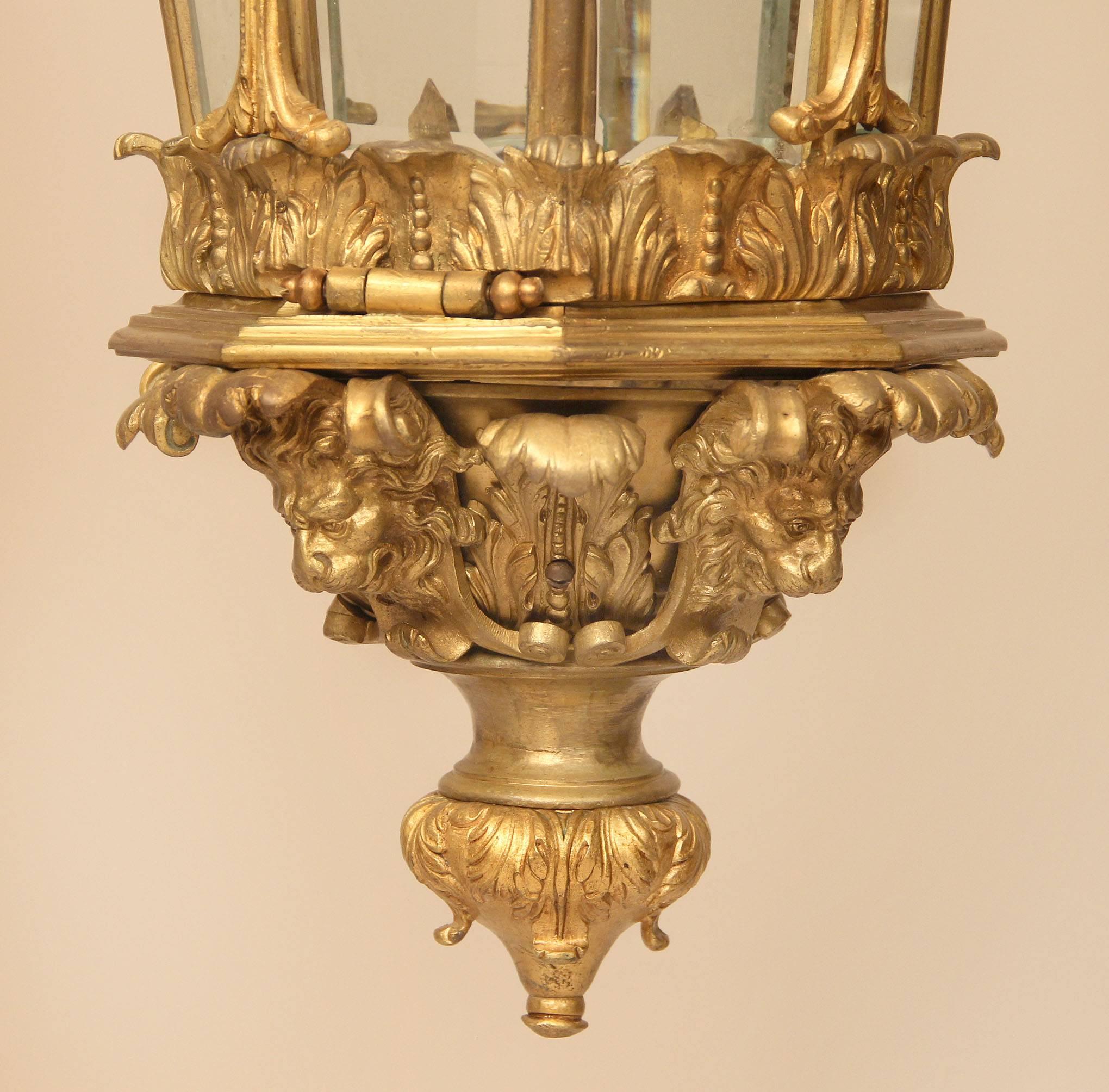 French Fantastic Late 19th Century Gilt Bronze and Glass 'Versailles' Hall Lantern For Sale