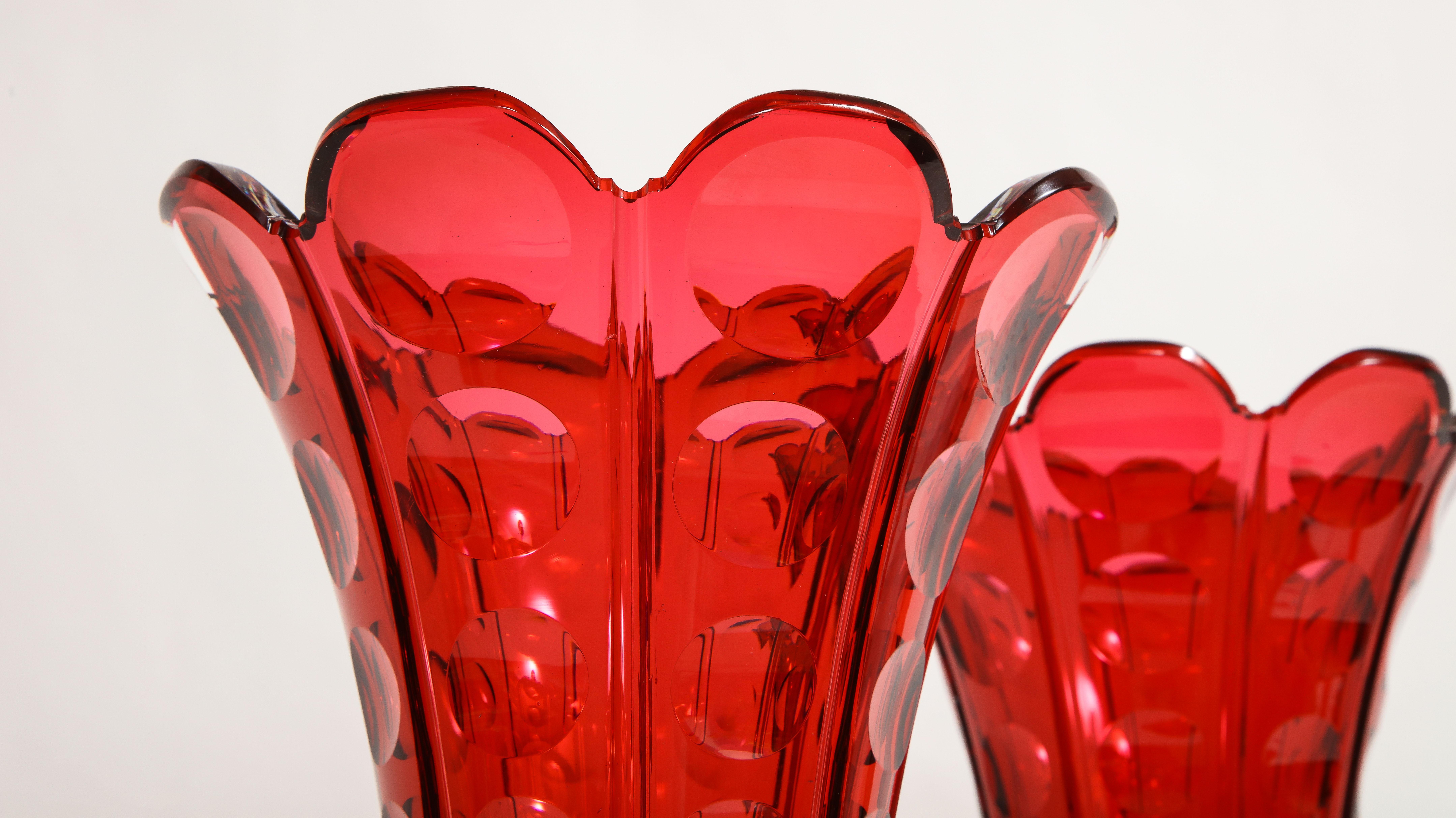 Fantastic Pair 19th C. French Baccarat Ruby Red Crystal Vases W Scalloped Rims For Sale 1