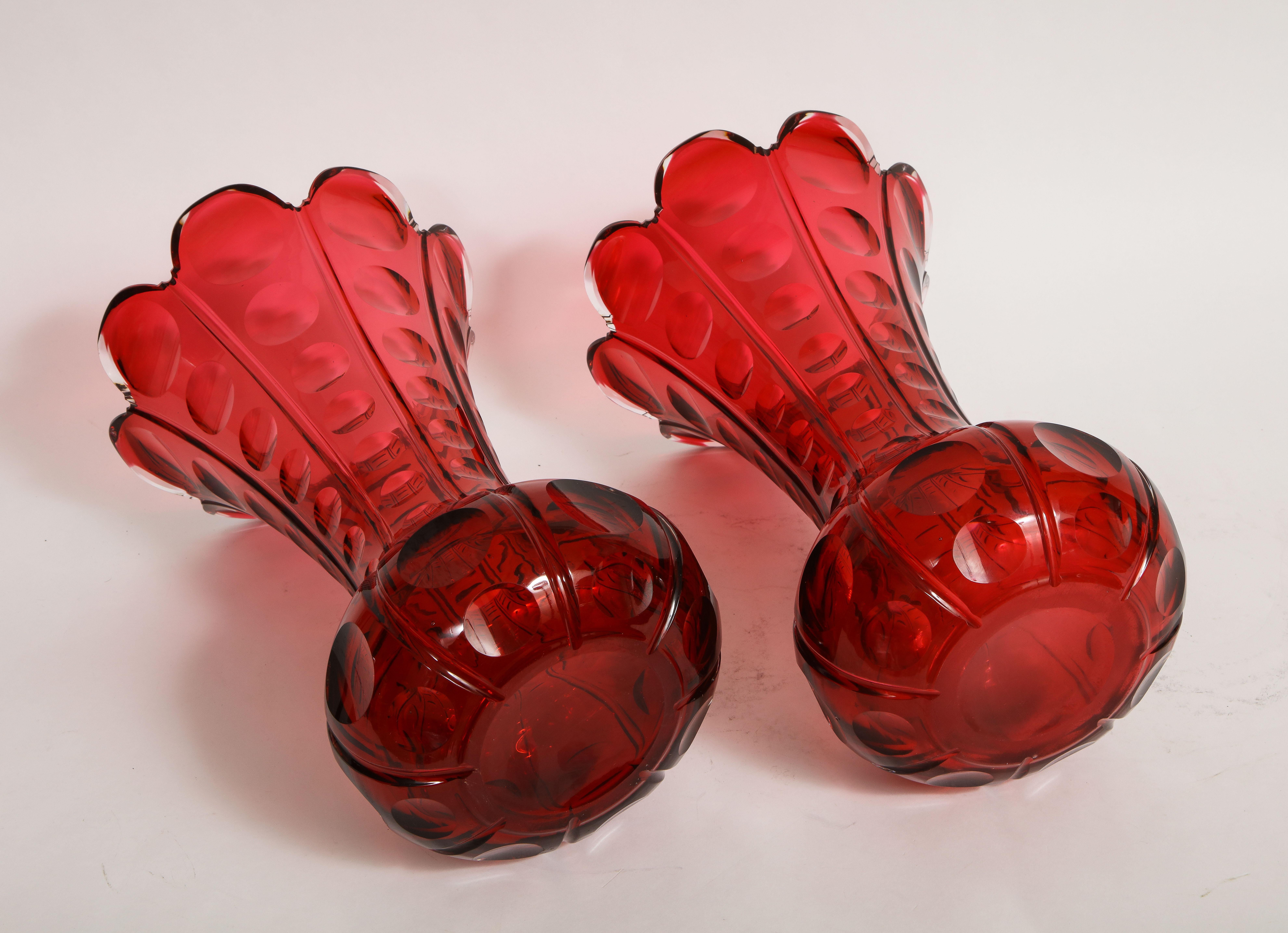 Fantastic Pair 19th C. French Baccarat Ruby Red Crystal Vases W Scalloped Rims For Sale 8