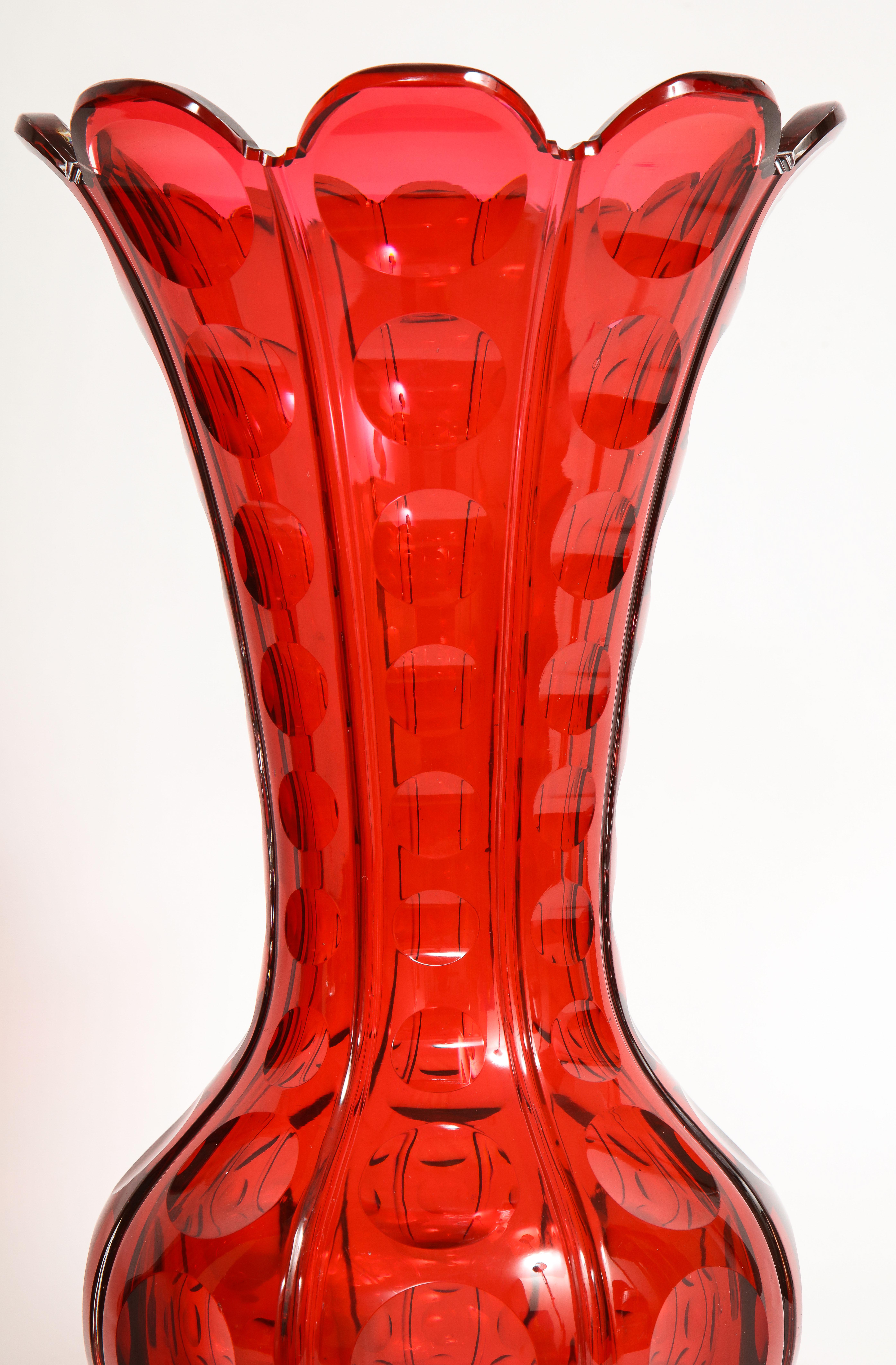 Hand-Carved Fantastic Pair 19th C. French Baccarat Ruby Red Crystal Vases W Scalloped Rims For Sale