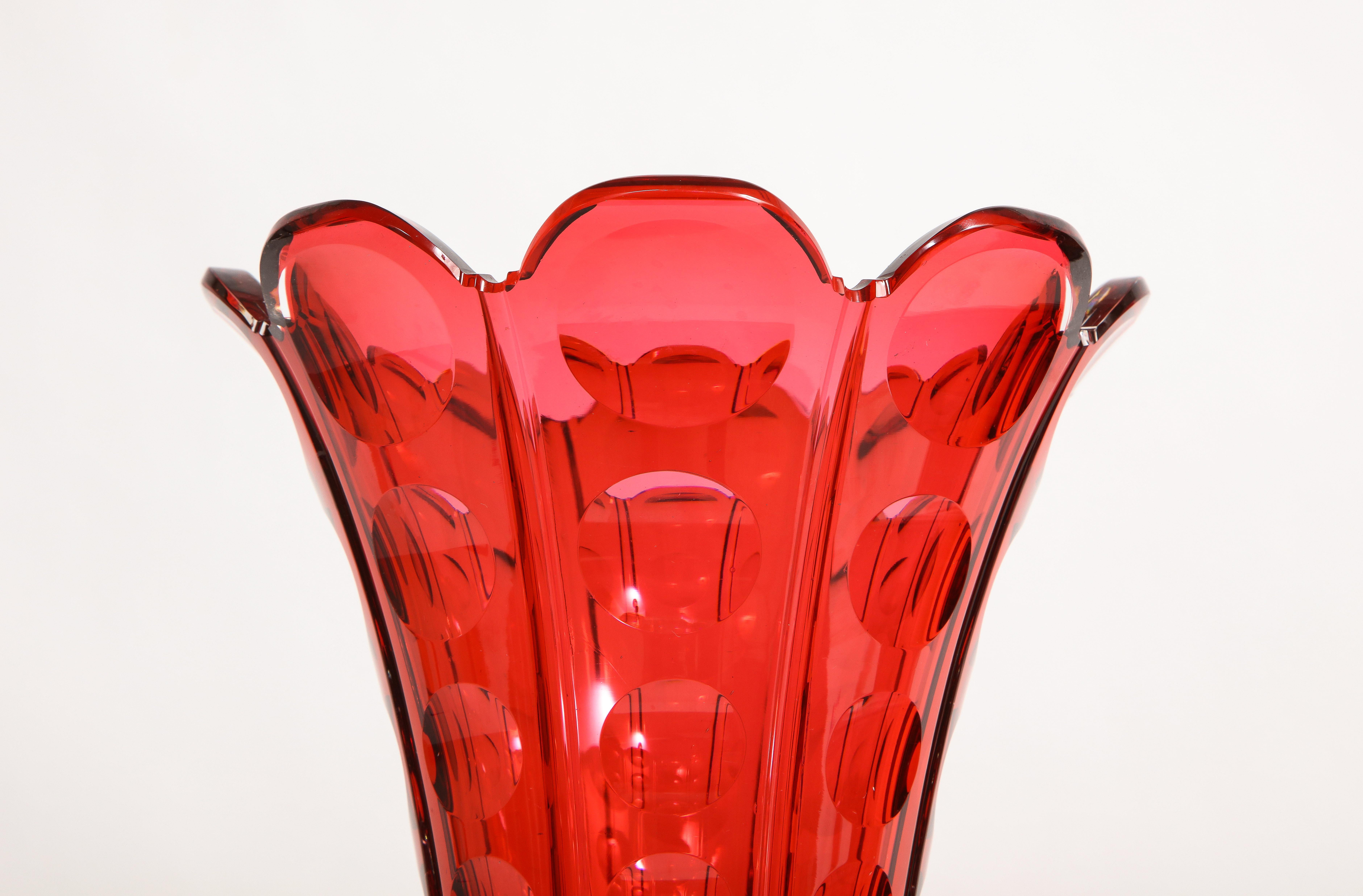Fantastic Pair 19th C. French Baccarat Ruby Red Crystal Vases W Scalloped Rims In Good Condition For Sale In New York, NY