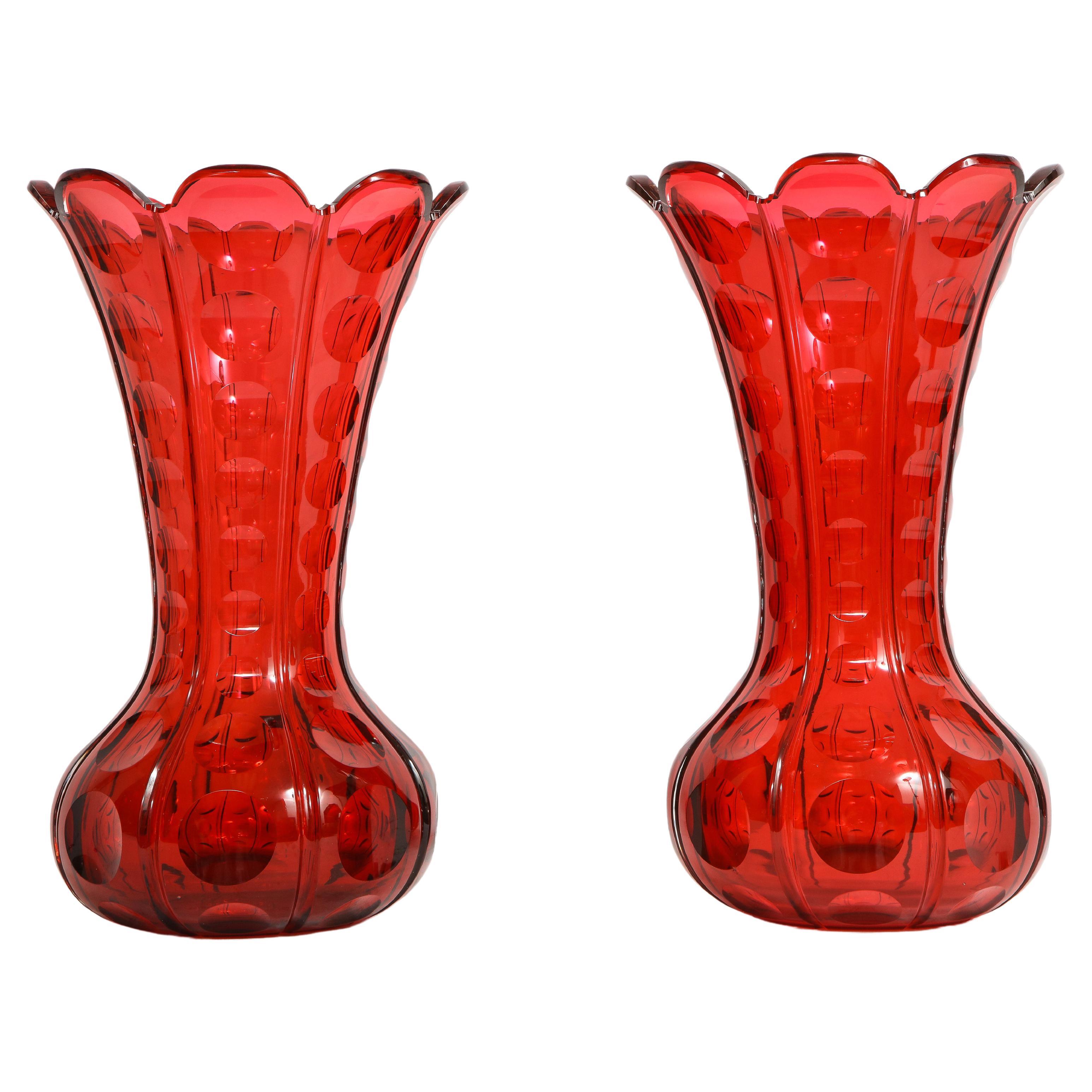 Fantastic Pair 19th C. French Baccarat Ruby Red Crystal Vases W Scalloped Rims