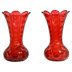 Fantastic Pair 19th C. French Baccarat Ruby Red Crystal Vases W Scalloped Rims