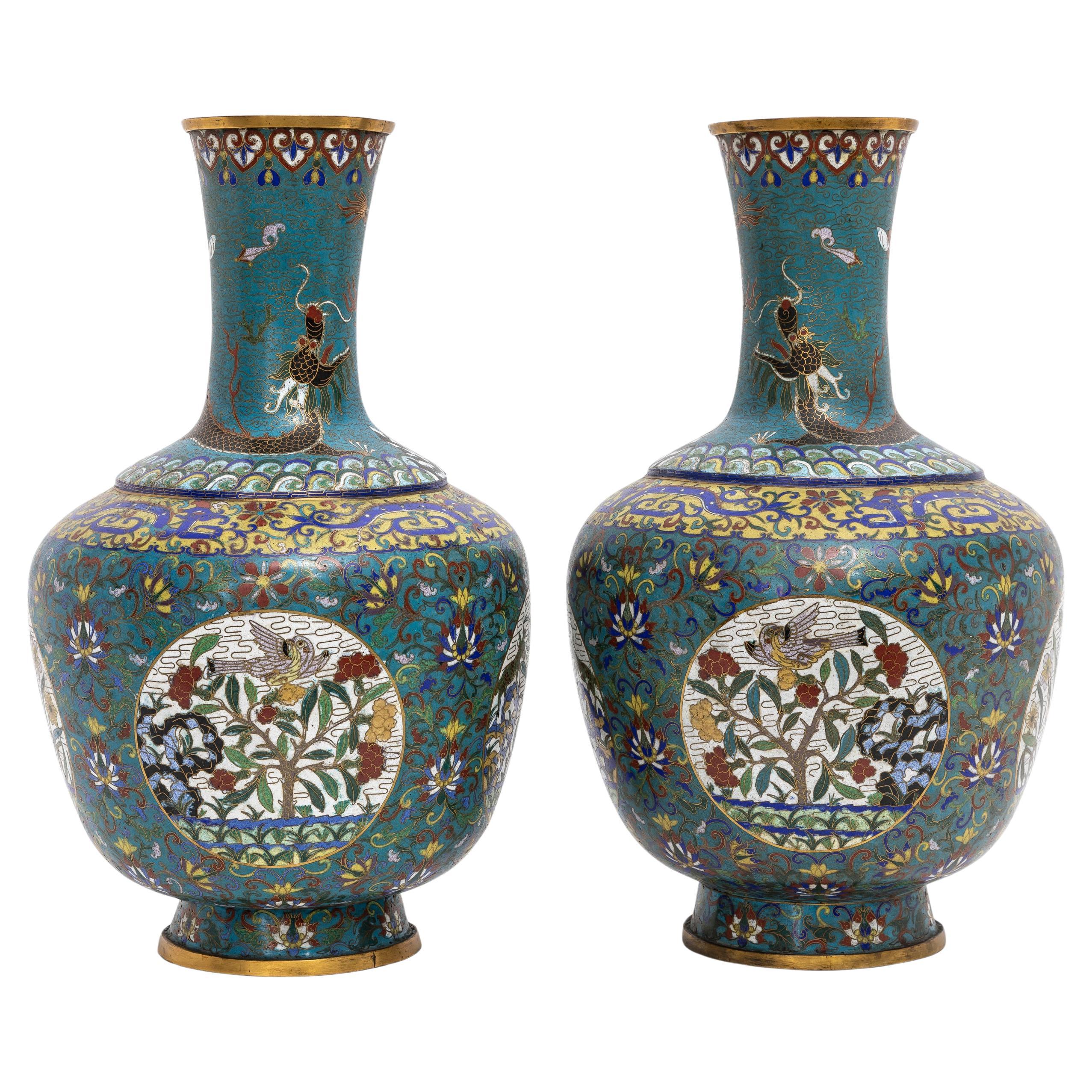 A Fantastic Pair of 19th Century Chinese Turquoise Ground Cloisonné Dragon Vases