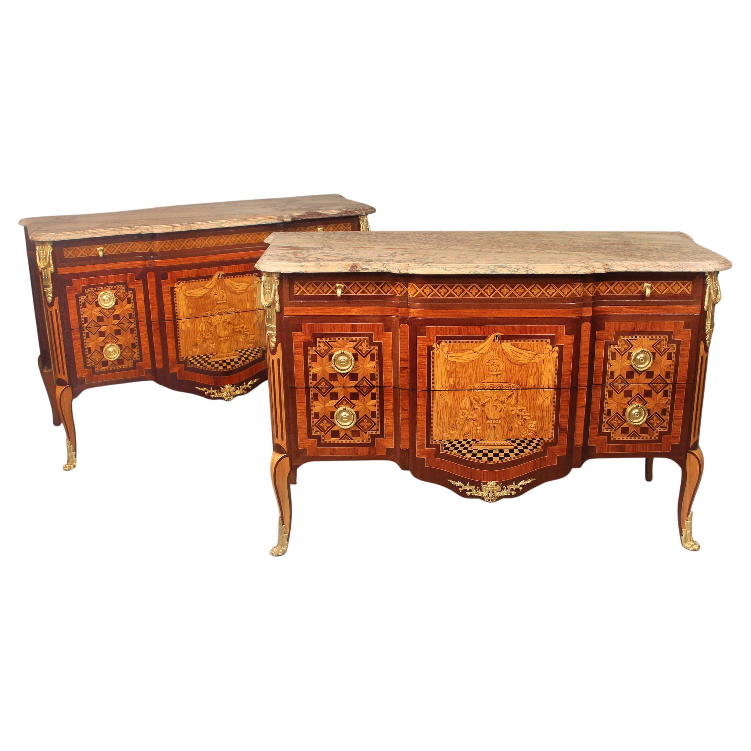 Fantastic Pair of Early 20th Century Gilt Bronze Mounted Inlaid Commodes