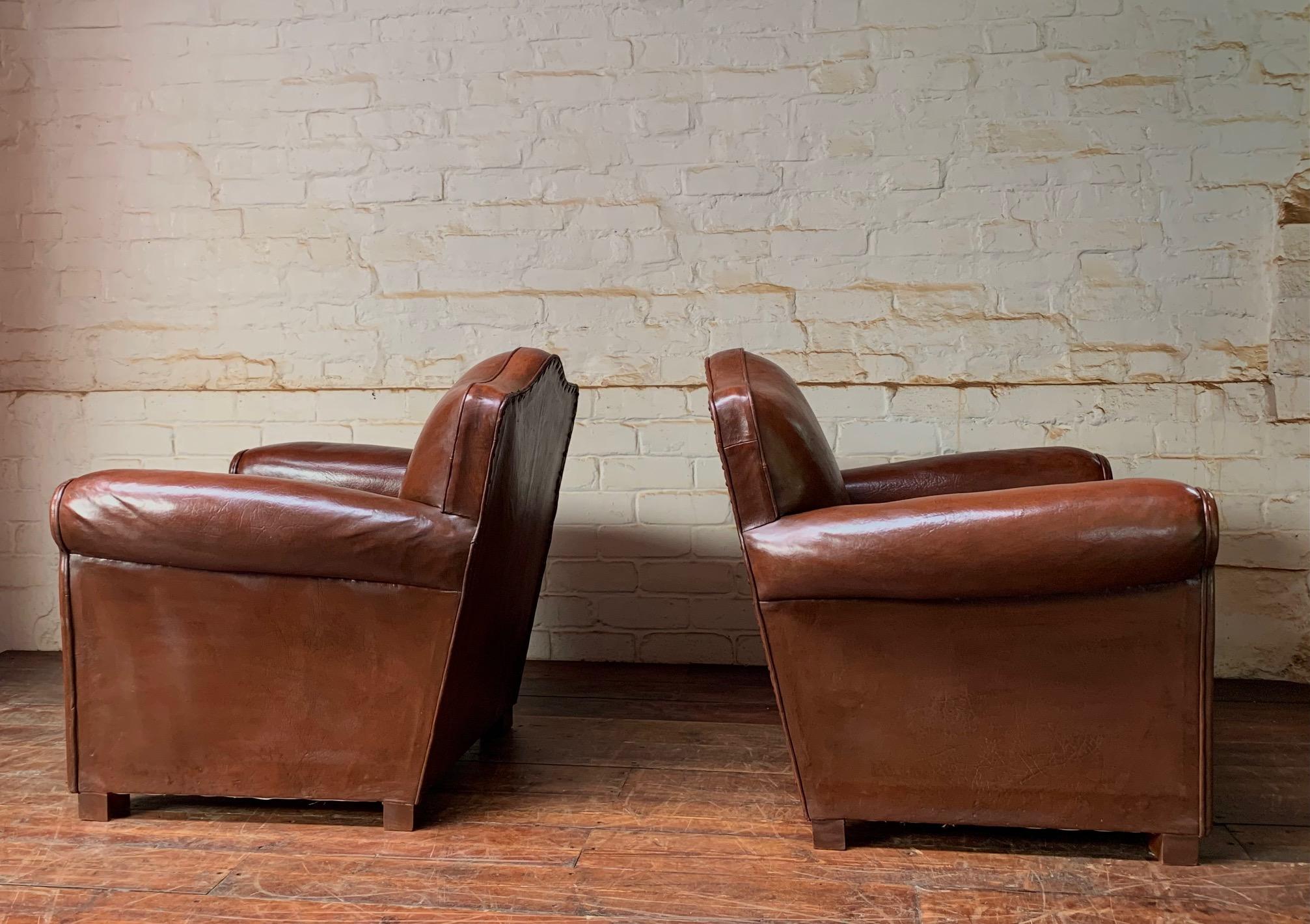 Mid-Century Modern A Fantastic Pair of French leather Club Chairs Chapeau de Gendarme models C1950 For Sale