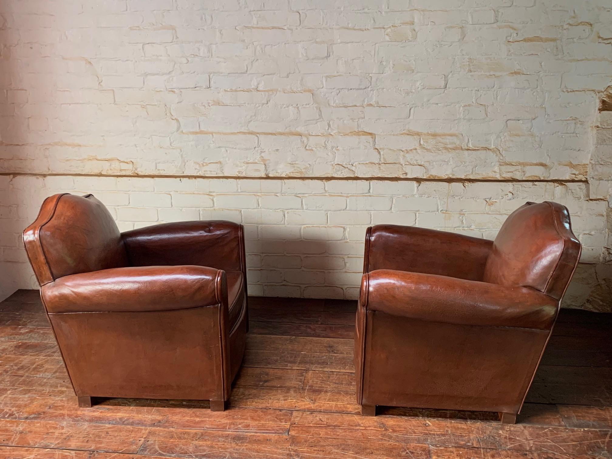 Leather A Fantastic Pair of French leather Club Chairs Chapeau de Gendarme models C1950 For Sale
