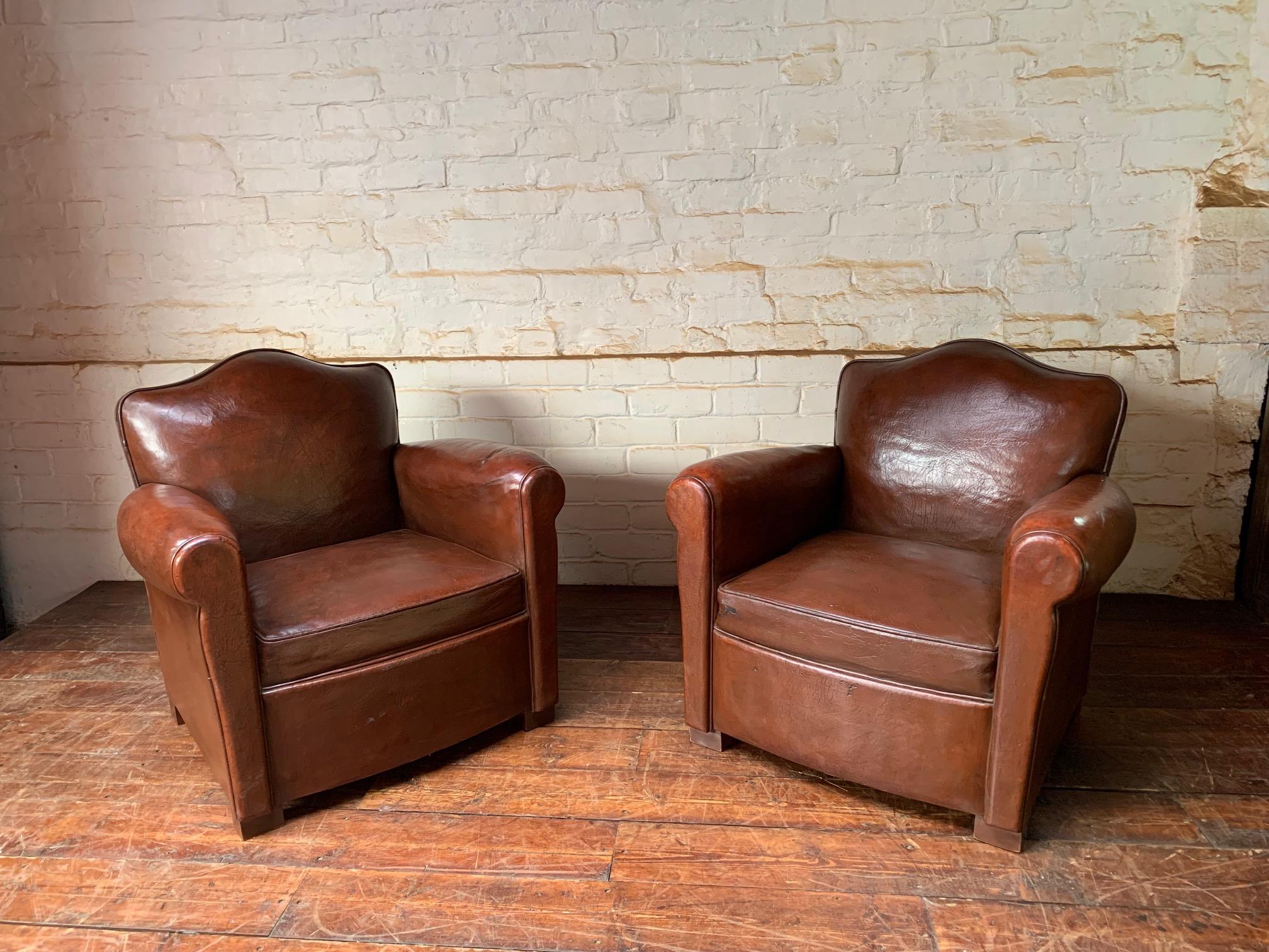 A Fantastic Pair of French leather Club Chairs Chapeau de Gendarme models C1950 For Sale 1