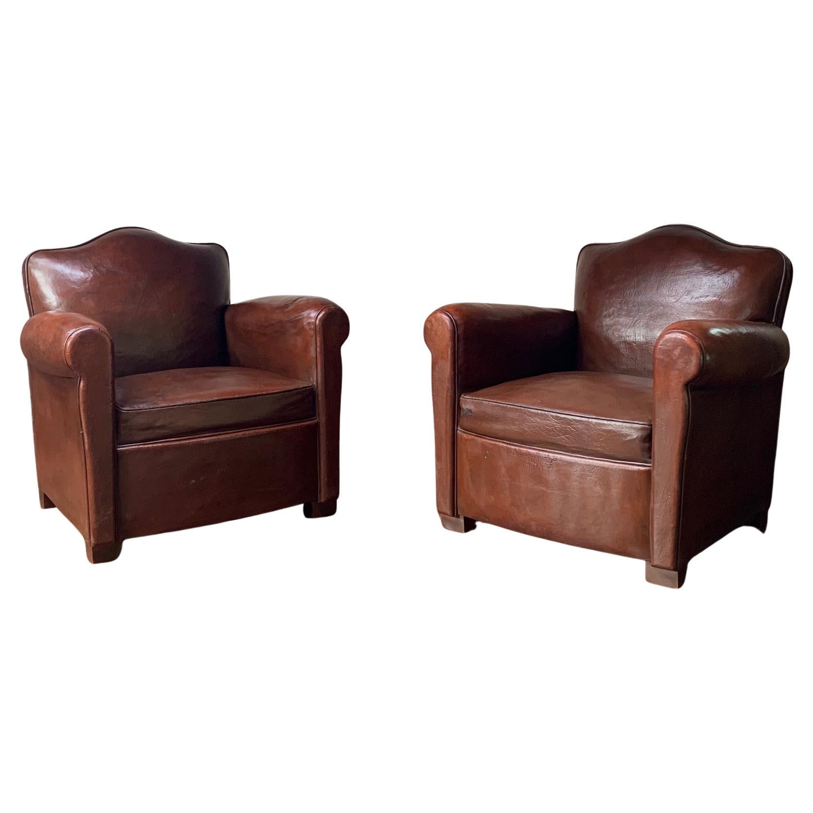A Fantastic Pair of French leather Club Chairs Chapeau de Gendarme models C1950 For Sale