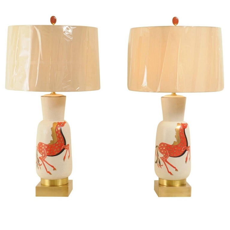 Fantastic Pair Of Hand Painted Italian Ceramic Lamps By Marbro Fantastic Pair Of Hand Painted Italian Ceramic Lamps By Marbro Circa 1955 For