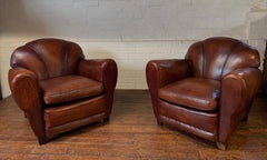 A Fantastic & Rare Pair of 1950’s French Leather Club Chairs Trilobe Models